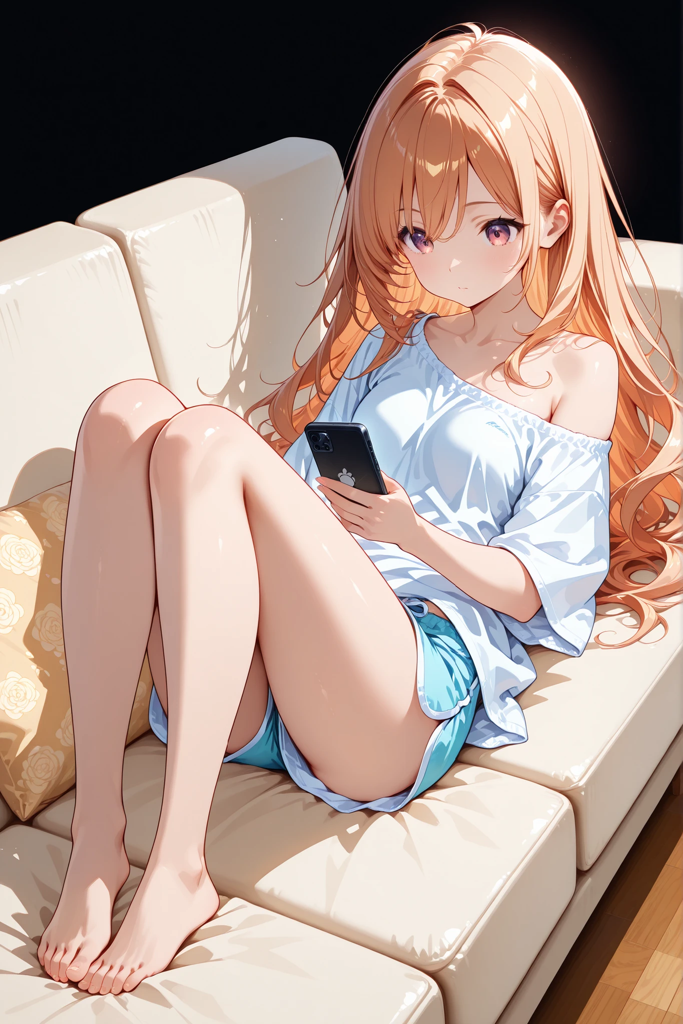 woman relaxing on sofa with phone, flat bust, wavy shoulder-length hair, loose homewear and shorts, barefoot, full body, transparent background, front angle