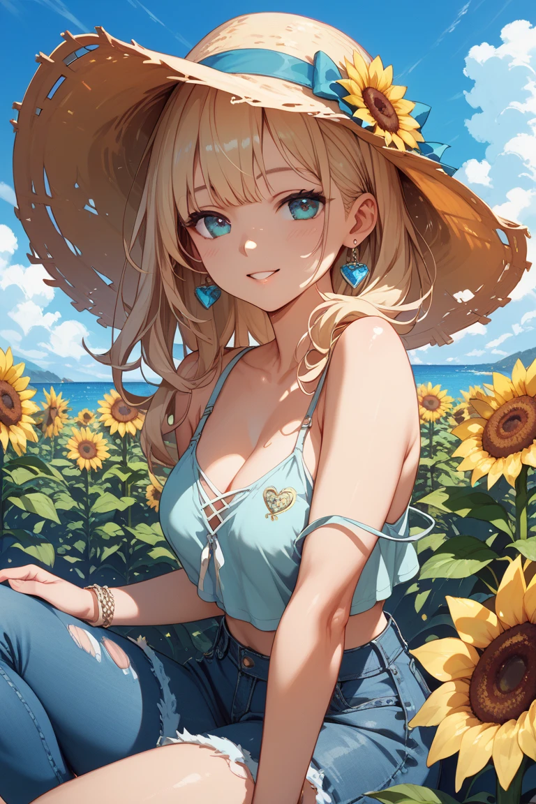 1girl, adult woman, (Naked: 1.4), (Blushing:1.4), (Loose string dress with no pleats, floral print, cleavage, naked), blushed, Smile, Cowboy Shot, Slim body, Small breast, small boobs, Full Body, glowing skin, detailed face, detailed eyes, (Detailed background: sunflowers farm, summer time)