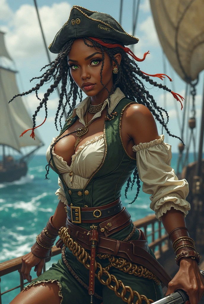 pirate, thin man, defined body, dark reddish skin, seductive, goatee, thin line on the eyebrow, silver hoop earrings, long hair with dreadlocks, full body image, low-cut and open red shirt, shiny silver necklaces, quartz pendants, dark green wide pants, leather belt, leather and silver bracelets, yellowish boots, smoking a pipe, on a pirate ship, standing, next to a table with rum drink, well lit, high resolution, seductive smile, penetrating look, tattoo on the left arm, tattoo on the right abdomen. 3D.