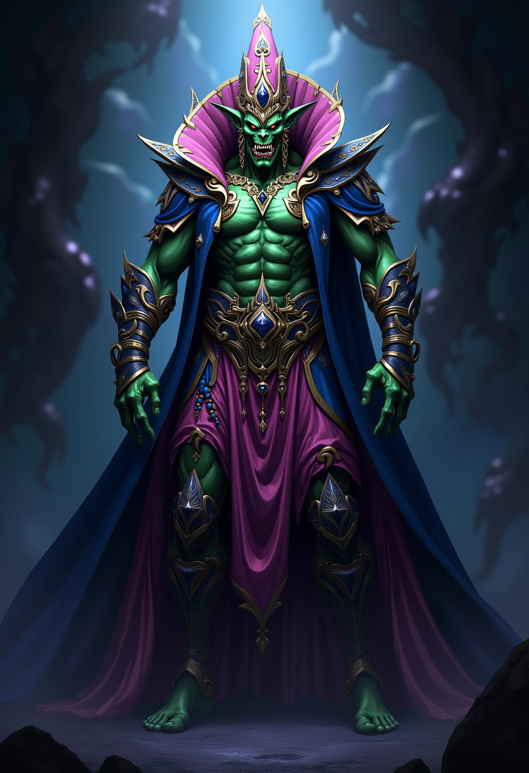 Alien features, muscular man, green skin, red glowing eyes, dark violet costume with red lines, cross harness, asterisk emblem, armor loincloth, pants, boots, flowing cape