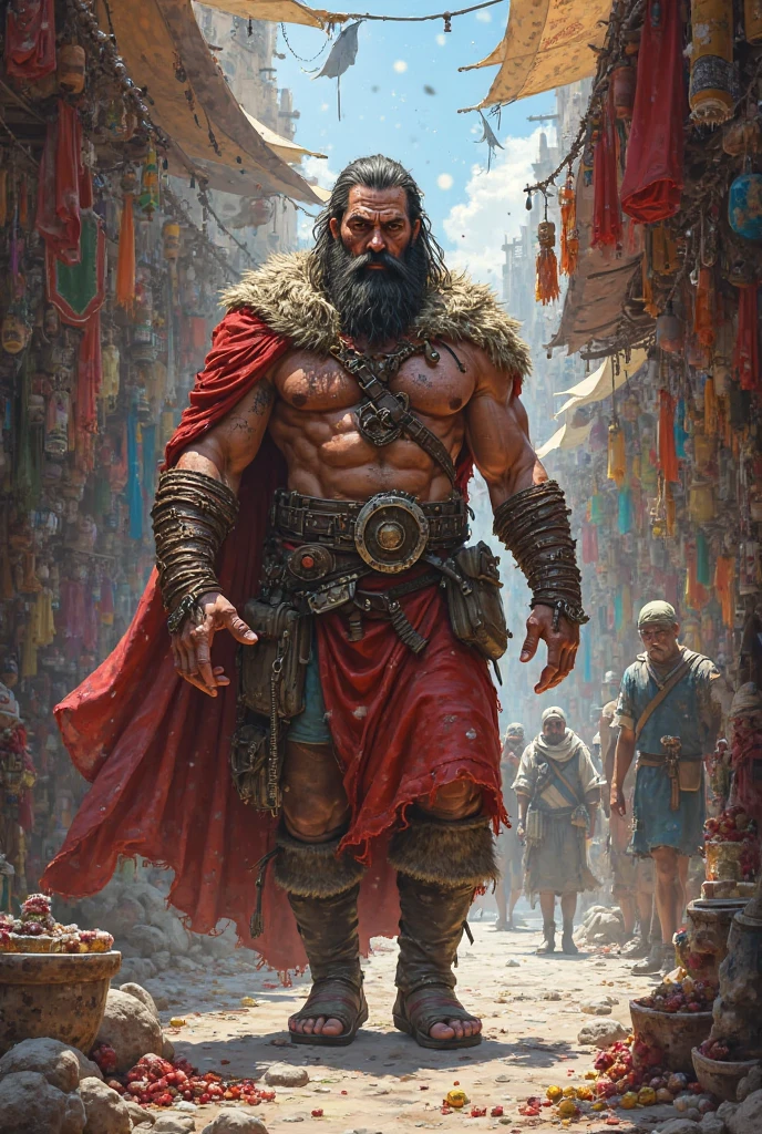 A king,but look alike a goon, reddish eyes like a rogue, copper iris,bulky body,tan skinned, massy hair, medium to long beard,6 feet 2 inches, traditional kolkata,1203 AD,india