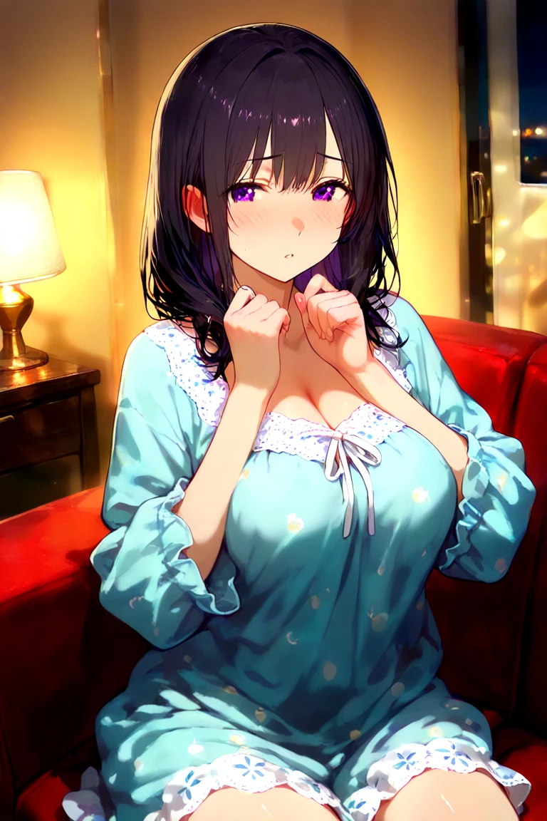8k, (ultra-detailed:1.3, master piece:1.3, best quality:1.3, high resolution:1.3), 18year old, High school students, full body, a girl, beautiful face, large and beautiful breasts, Blue eyes, eyes in highlight, catch light eyes, specular highlight eyes, BREAK (long hair, black hair, straight hair), BREAK ((Argyle Pattern bathrobe yukata)), happy, blush, BREAK (collarbone), ryokan, (lying on Japanese bed:1.2),
