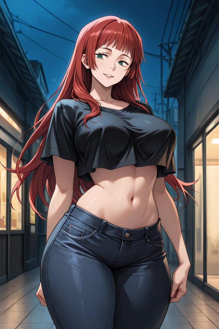 detailed eyes, 4k, high quality, colorful, super detailed eyes and face, 1girl, looking at viewer, 22-year-old woman with Caucasian skin, long red hair, green eyes, sensual gaze, beautiful smile, freckles, big breasts, cleavage, (Wearing: beige crop-top and blue shorts), smirk, lips, head tilt, (standing:0.92), full body, Perfect Anatomy,(Professional Lighting), 4k textures, raw photo, epic artistic, photoreal art, sharp focus, even lighting, insane details, intricate details, hyperdetailed, rich colors