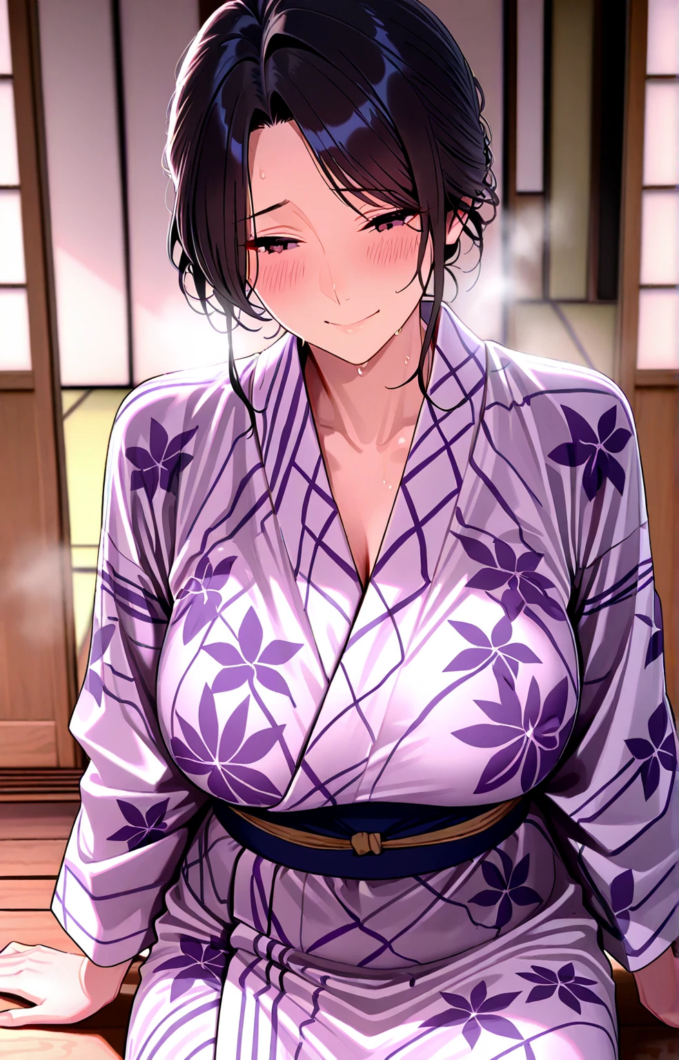 a cartoon image of anime character with large breasts sitting on bed next to a mirror, 1girl, sweat, japanese clothes, solo, breasts, looking at viewer, blush, kimono, cleavage, purple eyes, black hair, large breasts, indoors, collarbone, on bed, off shoulder, sash, sitting, floral print, bare shoulders, lamp, jewelry, earrings, obi