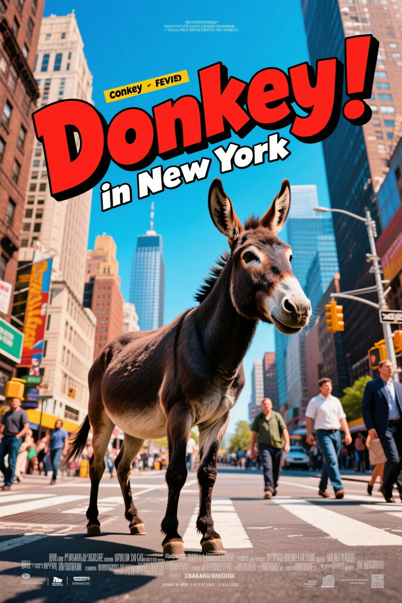 comedy movie poster with written title: "Donkey in New York".