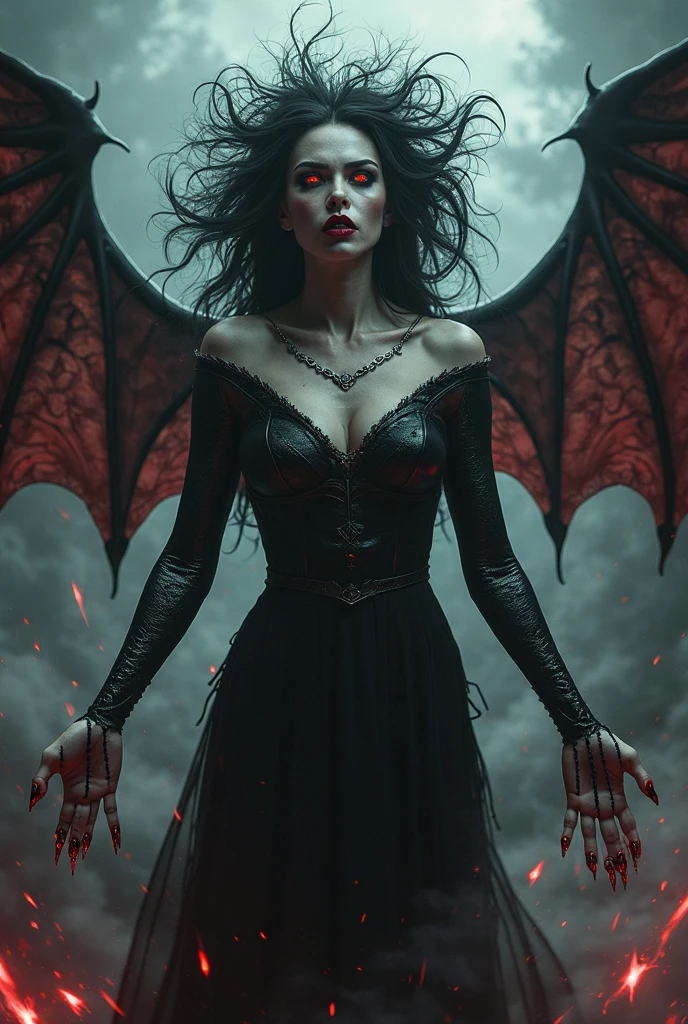 Very young girl, young girl, very young teen, Young lively teen girl undergoing a transformation into an evil demonic Vampire, female, long dark hair, pasty pale ghastly skin, red eyes, vampire fans, very long canine teeth becoming fangs, elegant flowing renaissance era black dress, Romanian, dark castle, nighttime, moonlight, dimly lit, horror, threatening to bite you, bearing her fangs, huge leathery bat wings, close, very close, Vampire bite scene, long black obsidian horns, red-tinged skin, massive breast expansion, huge breast implants
