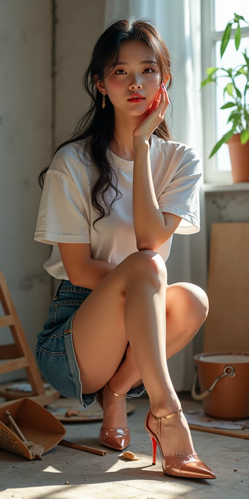 Dark brown hair、Light brown eyes、Japanese actress、 Lady、I am about 40 years old...、(Intricate details:1.2)、(Which is higher???:1.4)、 (Ultra-high resolution:1.2)、Ultra-high resolution、(Fine-tune)、(Detailed facial features)、Hmph、8k resolution、D cup size breasts、Long Hair、Bright bathroom with sunlight shining in、Large windows、Extravagant space、relax、、,Full body photo、Head to toe shot、Beautiful feet、Loose fitting T-shirt、Beautiful feet、A refreshing room filled with sunlight、she, household items, (plant:0.8), Fashion Hub, Extremely detailed, Very detailed, Realistic, Hourglass Shaped Body, Obscene pose,、、私 cry a lot、tears、person on the left、White wall、White floor、diagonally from below、Please lift your chin、Press your butt against the wall、relaxした表情、Pose of Weakness、