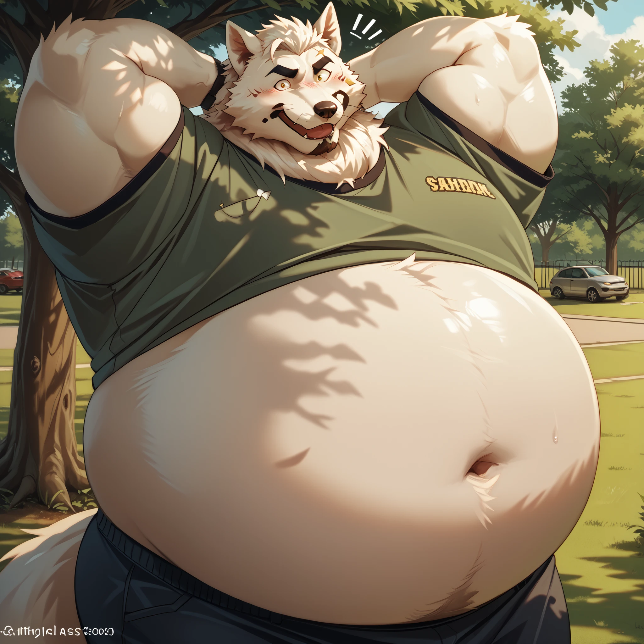 masterpiece, best quality, newest, absurdres, highres, highly detailed, cinematic, male, furry, anthro, , bara, big body, big muscles, old, mature, daddy, hefty, beard, grey fur, fluffy fur, gold eyes, blushing, surprised, small man feeding bigg man, embarrased, looking at viewer, , excessive body hair, sweaty belly, fat, steam, right hand behind head, male, twink, feeding, weight gain fetish, overweight fetish, big belly fetish, feeding fetish, obesity worship, belly worship, park, trees,hyper muscle,huge muscle,higi resolution,high quality,furry fox,