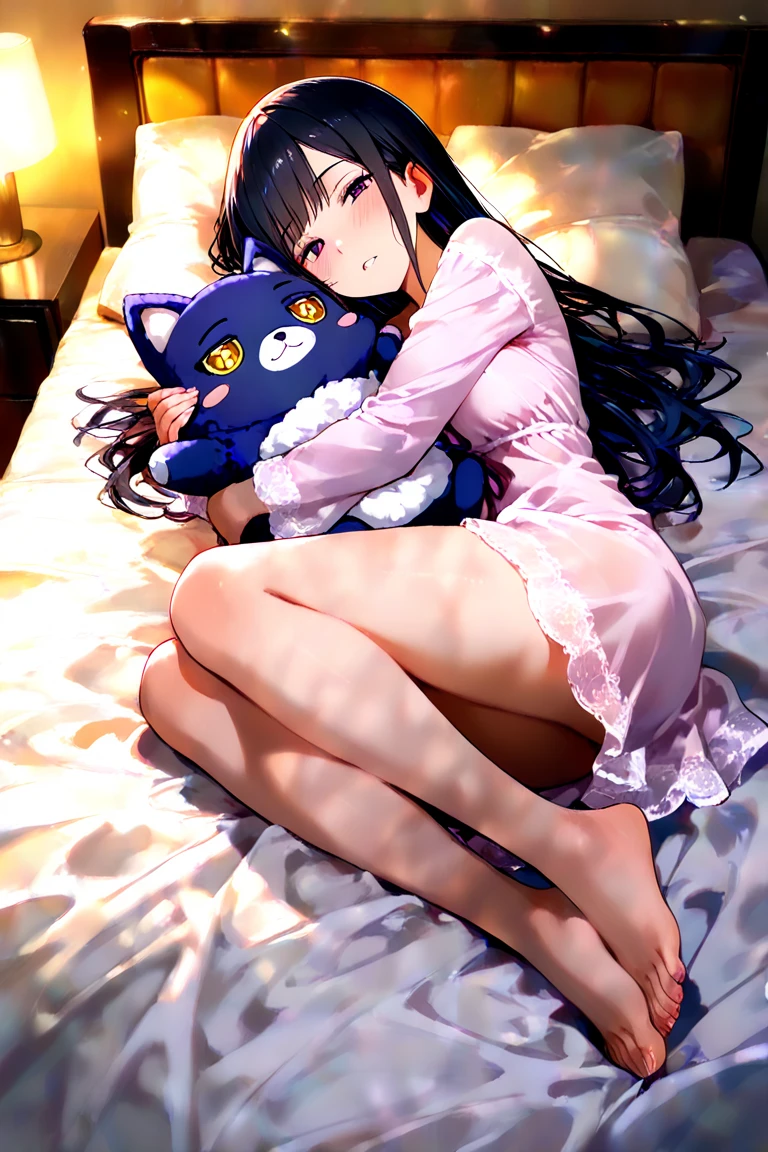 masterpiece, best quality, 1girl, naked, demon tail, indoors, pillow, curtains, long hair, tail, bed, stuffed toy, solo, socks, dynamic pose, bag, stuffed animal, bedroom, book, heart, sunlight, plant, window, demon girl, twintails, clock, bangs, no shoes, backpack removed, on bed, wooden floor, backpack, bookshelf, stuffed bunny, looking at viewer, day, holding, closed mouth, brown hair, potted plant, alarm clock, lamp, brown eyes, rug, heart pillow, trash can, randoseru, demon horns, shelf, object hug, blush, smile, chair, desk, desk lamp, drawer, box, tissue box, horns, very long hair, hair ornament, cup, light particles, wings, teddy bear, demon wings, animal, cushion, open book, purple eyes, dress, phone, electrical outlet, hug, full body, bed sheet, table, cable, picture frame, bottle, chest of drawers, black hair, bow, purple hair