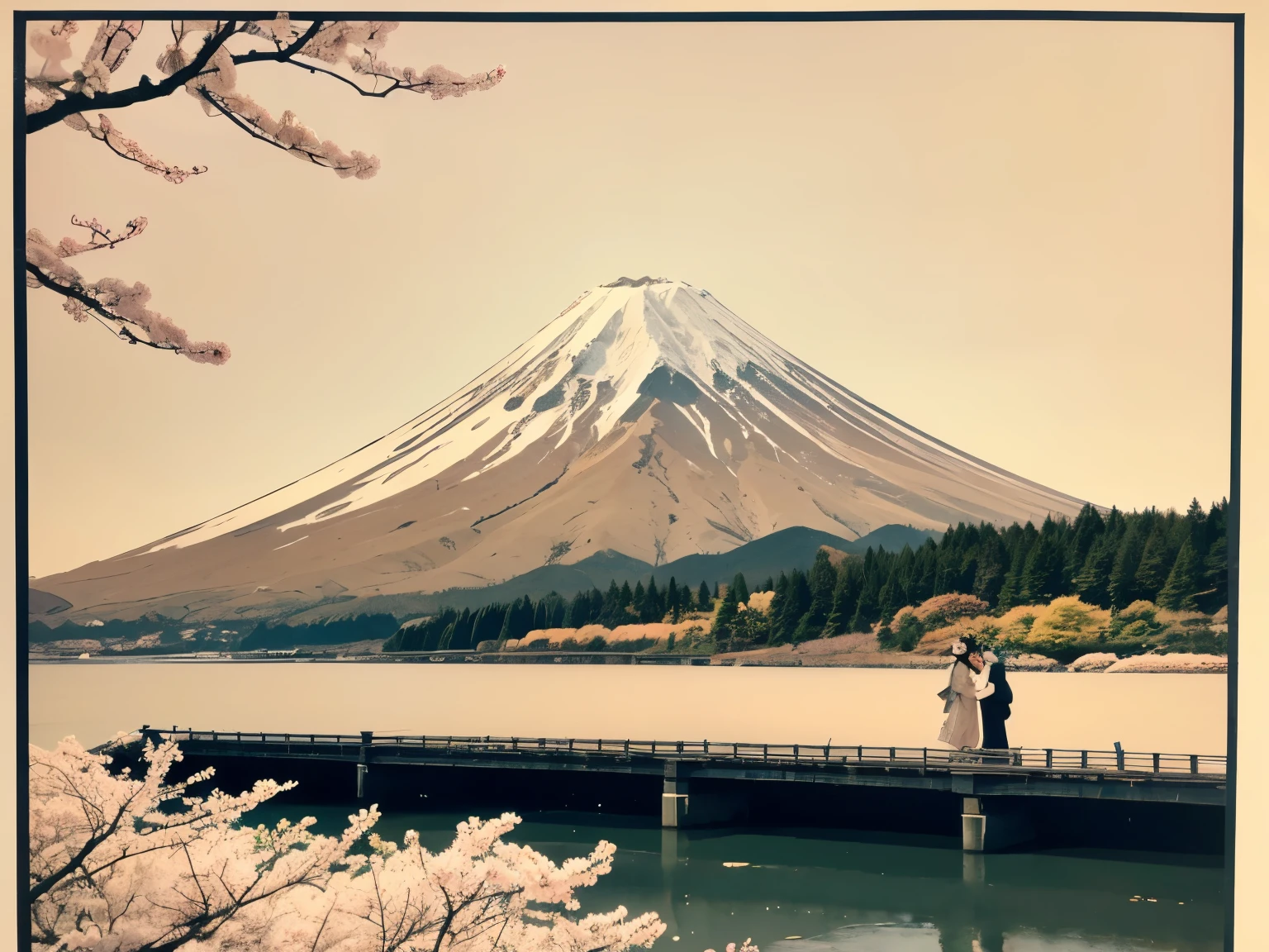 Inspired by the woodblock prints of Katsushika Hokusai、A spring ukiyo-e style illustration of Mt. Fuji。A cherry blossom tree in full bloom in the foreground、Flower petals dancing in the wind add to the atmosphere。In the background, the majestic Mt. Fuji stands quietly beneath a pale spring sky。Utilizing traditional ukiyo-e woodblock print techniques、Indigo outline and soft pink、Young leaf color 、Painted in spring colors such as beige、An elegant and sophisticated piece。