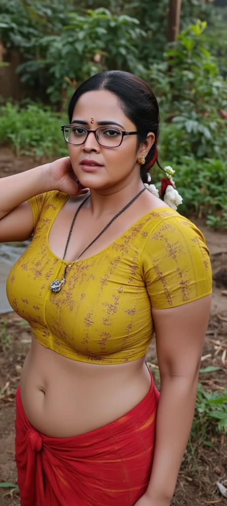 (RAW) Indian woman wearing green yelllow (blouse, petticoat), 20 years old, (chubby cheeks:1.1), (curvy body:1.2), (eyeglasses), (bindi), (vermilion), An Indian beauty, charismatic, dark-skin, view the viewer, naughty smile, ((slums))