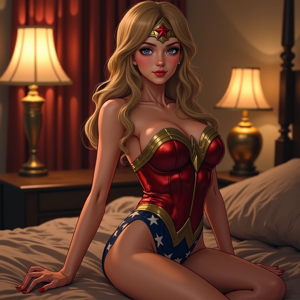 (tanned young woman), (( Short blonde hair, red lipgloss stick, blue colored eyes)), (( ( cosplay de wonder woman estilo lynda carter ), red corset with gold details, golden bracelets and tiara, blue sexy panties with white stars stuck in the ass)) (( , perfectbody, perfectly shaped breasts, hardnipples )),苗条, smile cute, ((lying on her bed dela, stretching sensually, )) , (( lying on her bed, looking at the camera Aerial view)) Masterpiece artwork, high qualiy, rear lighting ))