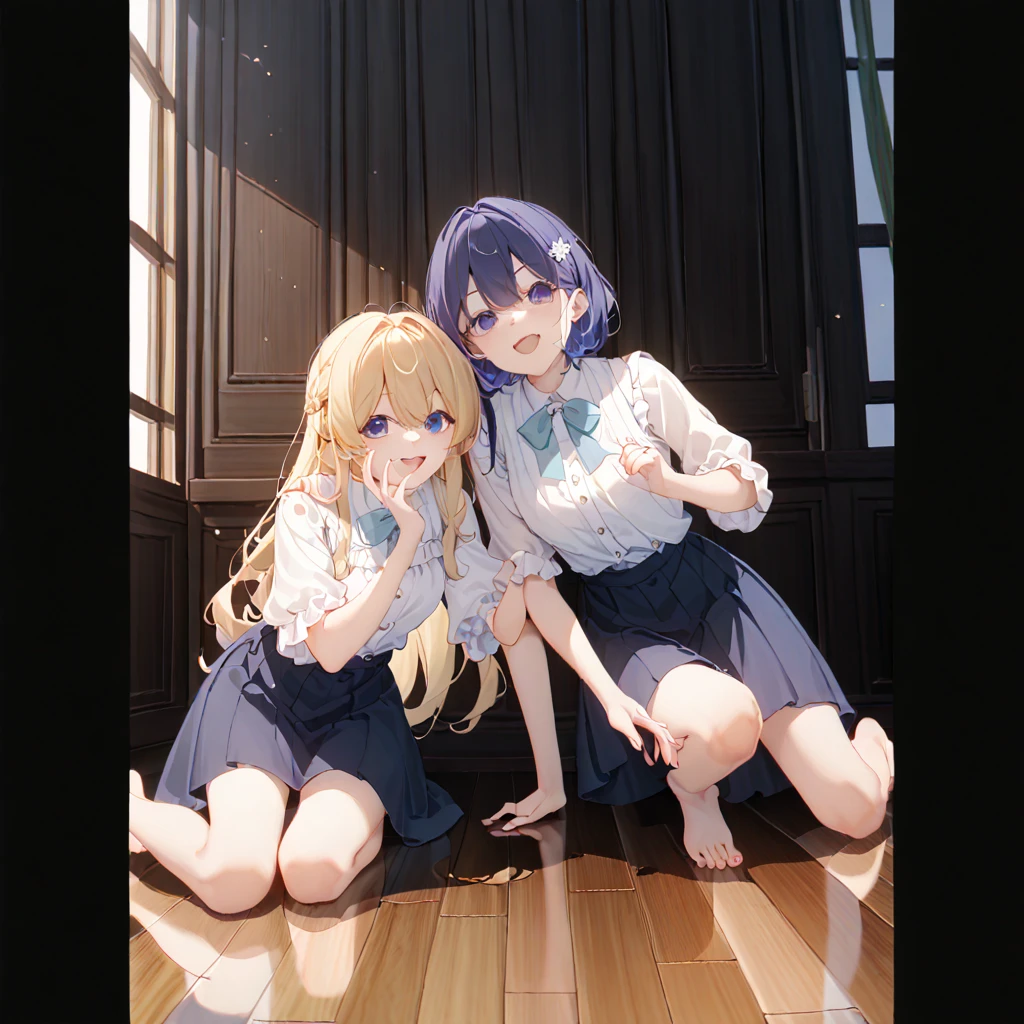 High precision,Works of masters,,whaite hair,SideBraid,Golden eyes,white dresses,The two hugged each other and buried their heads in their arms,puss,modern,Striped knee-length socks,natural soft light,dingdall effect
