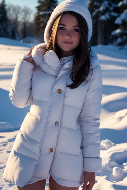 Tia is shown to have a fairly slender figure. She has white-grey hair , she has short hair and large pale green eyes, The girl sits at noon on a wooden part of the trunk of a huge tree in the Arctic. The frozen environment around her and the frozen river running in the background show a sense of stillness and tranquility. The girl appears wearing warm clothes and a thick coat to protect her from the extreme cold. Her face is expressive and serene, as she tries to contemplate the enchanting beauty of the snowy scene surrounding her. The sun is shining and reflects its dazzling rays off the snow and ice, adding a stunning shine and sparkle to the scene. Ice hangs from the tree branches and is polished by nature's enchanting touch. White and light blue colors dominate the scene, creating a calm and charming space., cleavage exposed, medium breasts, superior quality, many details, Puri focus Sharp and realistic