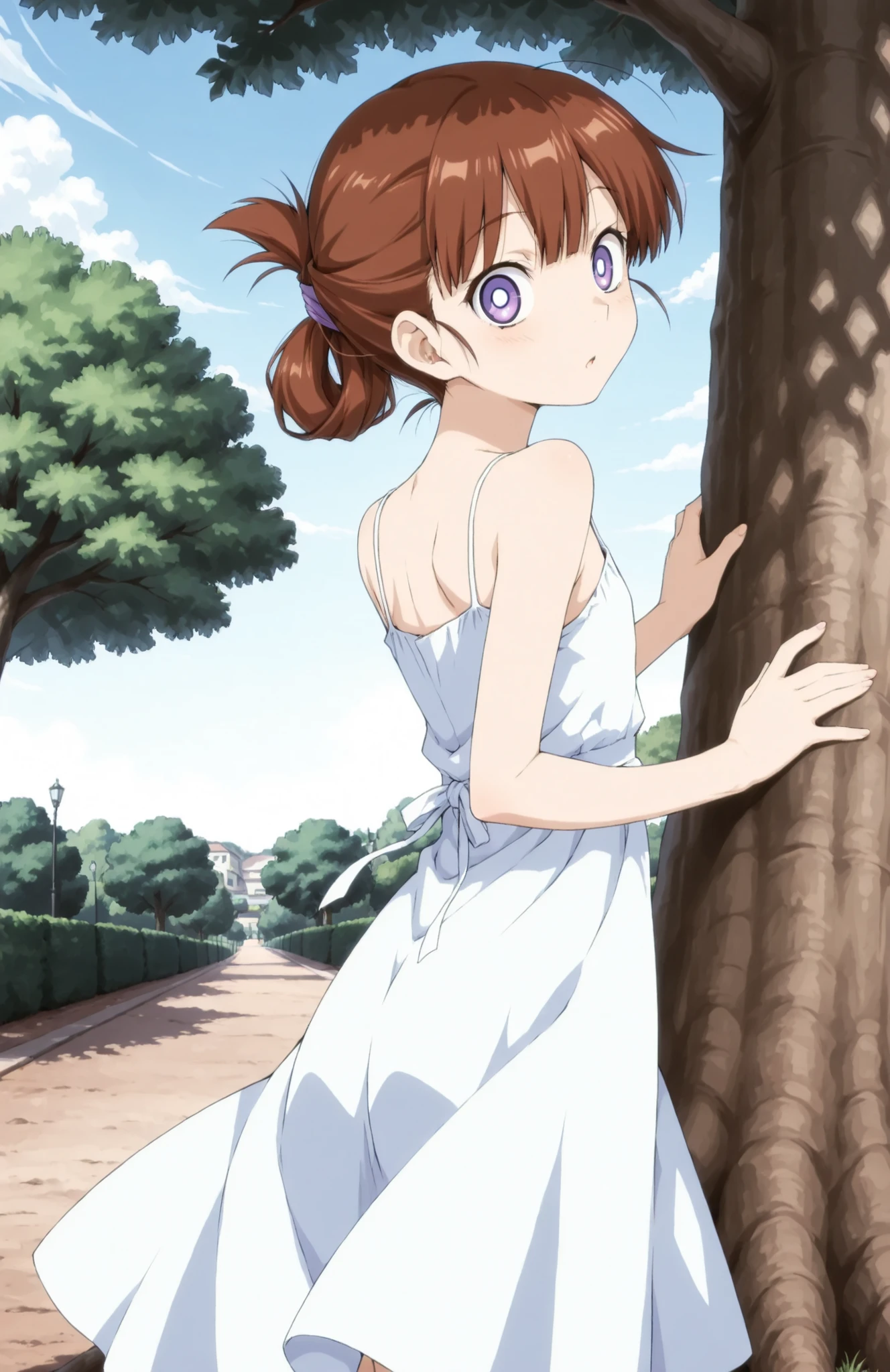 A slender woman with very short red-brown hair tied back, violet eyes, curious expression, wearing a summer dress, outside in a park under a tree, in full view in a highly detailed anime style