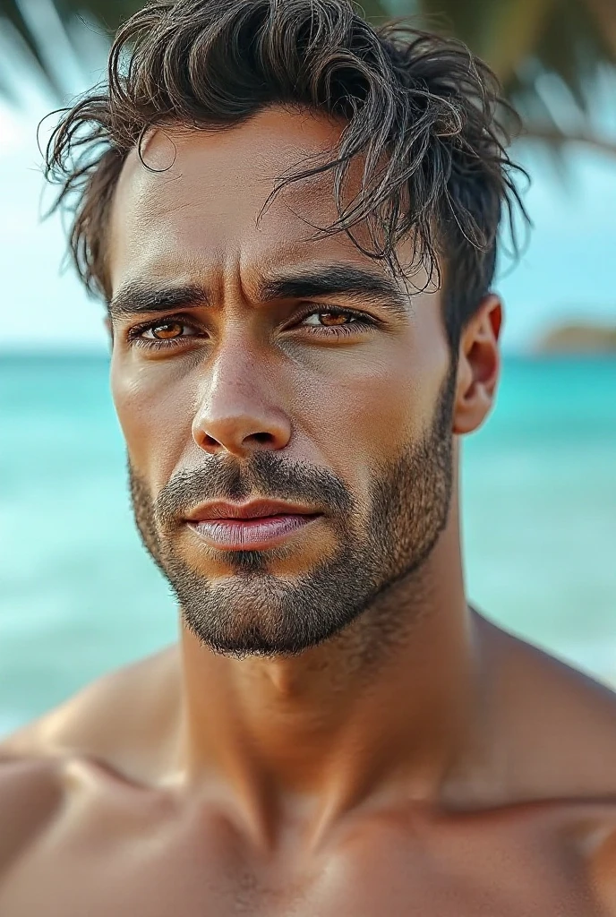 (photorealism:1.2), beautiful 30 years old man, Brown hair, fit, sweat, selfies, beach