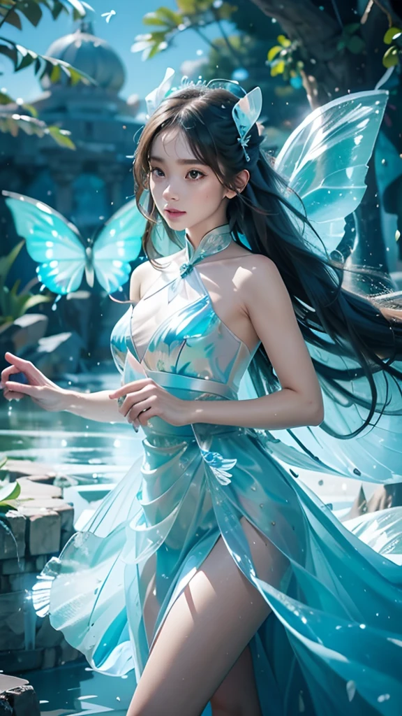 ice雪女神,frozen liquid,ice雪世界,ice,1 Girl,Translucent clothing,air bubble,Blue Butterfly,blue eyes,Blue nails,breast,positive, Character on the right, Upper Body, above knee,Dynamic poses,bubble,Blue Butterfly wings,Butterfly wings,crystal,skirt,Glowing Butterfly,long hair,looking at the audience,medium breast,Open your mouth,Solitary,water petite body,(Very slim figure:1.3),巨大的breast:1.4 巨大的breast:1.4,full, 挺拔的breast,Showing cleavage,Nipple protrusion,肚脐丰满breast, 大breast, Slender sexy legs, Put your hands behind your head((Clear nipples))、Rocket , (大breast),(because I'Thin)