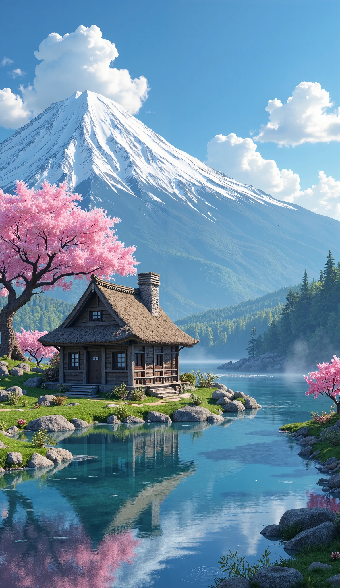 **"Ultra HD 8K wallpaper, hyper-detailed, photorealistic, sharp focus.** A cozy tiny wooden house with a thatched roof and stone chimney, standing beside a **mirror-like blue pond** with perfect reflections. Adjacent, a **vibrant pink sakura tree** in full bloom, each petal and branch intricately defined. Behind them, a **towering snow-capped mountain** with razor-sharp ridges, flanked by a **dense green forest** (every leaf visible). Above, a **crystal-clear blue sky** with fluffy white clouds, sun rays casting crisp shadows. **No blur, no mist, no soft focus**—extreme detail on textures: wooden planks, water ripples, bark, grass blades. Studio Ghibli meets National Geographic realism, Unreal Engine 5 render, 16K resolution (8K upscaled)."**