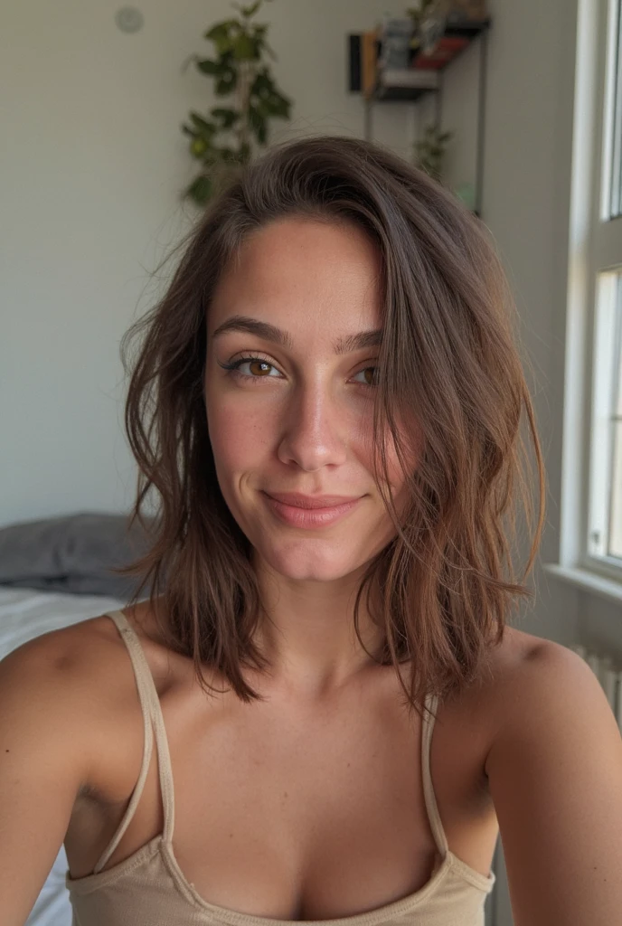 a selfie of a pretty young woman, with naturally wavy hair, prise avec appareil photo de l’iPhone, Porte un décolleté, natural sunlight