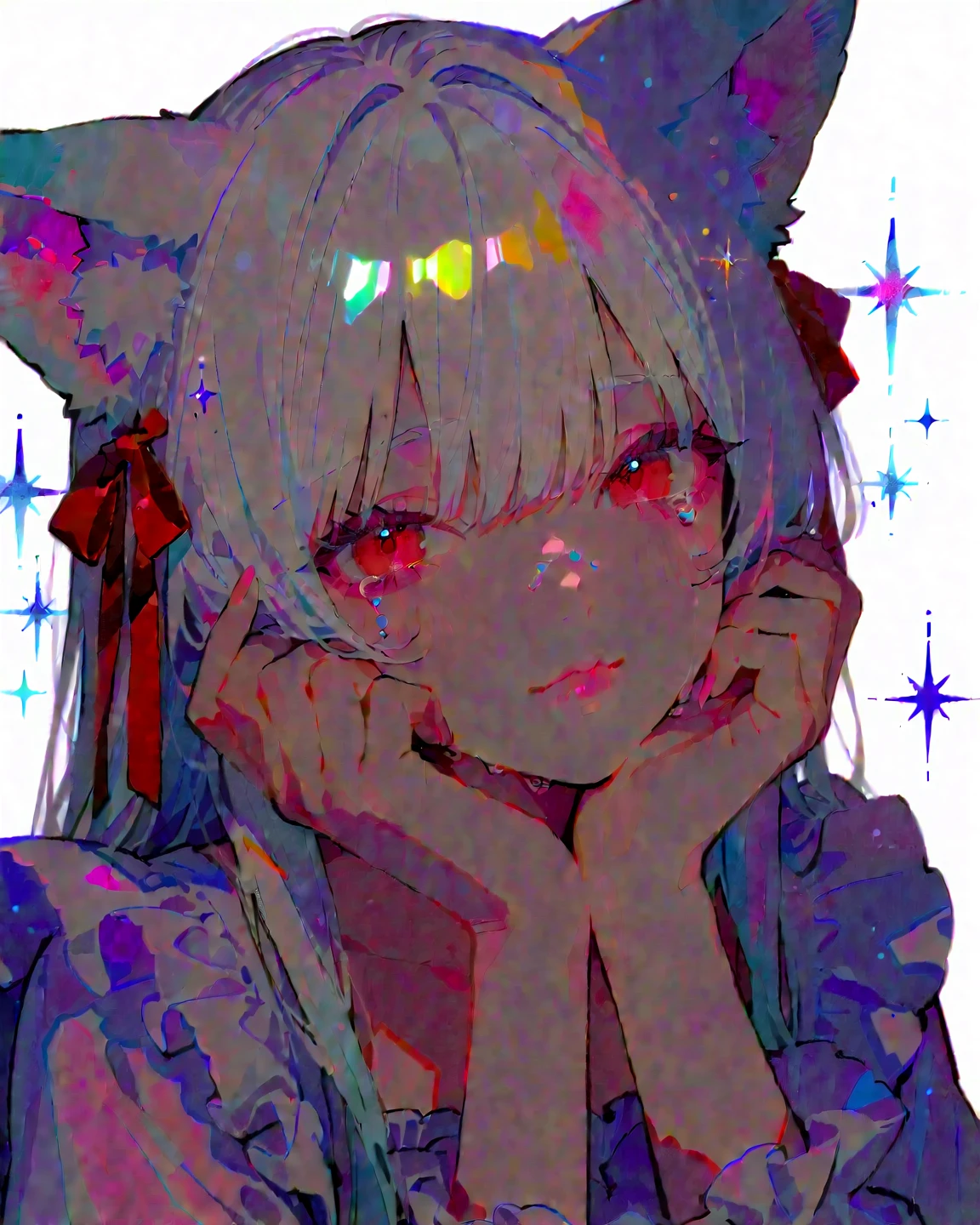 ((Hatsune Miku 1.5)))
(masterpiece, Highest quality), ((One girl, (Mature Woman) Long Hair), (Star-shaped pupils,  +_+, Symbol-shaped pupil, Sparkling eyes), (Cat ear, Open your mouth)), (View your viewers, A light smile, Off the shoulder), (Abstract, Multicolored background, Abstract background, chromatic aberration), vampire, There was blood on my face, Blood on clothes, Bat Wings