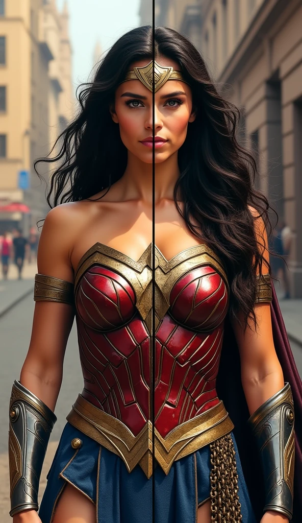 Cinematic soft lighting illuminates a stunningly detailed and ultra-realistic Wonder Woman bodybuilder, muscular, red and blue armor that is trending on ArtStation. Octane is the perfect tool to capture the softest details of this 16k photography masterpiece