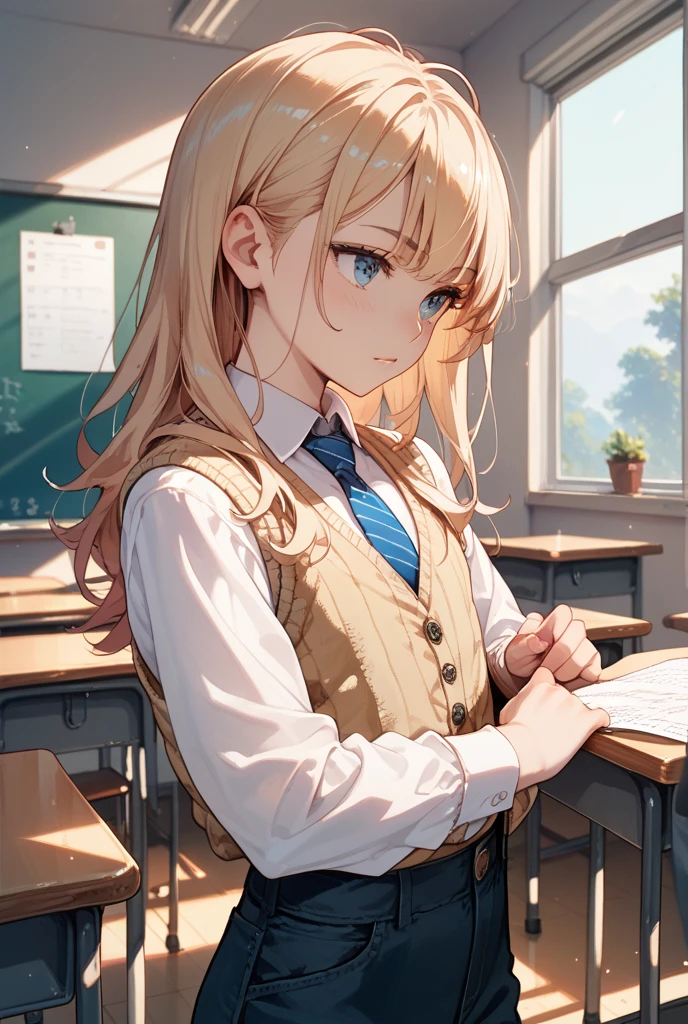highest quality、masterpiece、Very detailed、1 beautiful girl, Korean High School Students, Blonde, long and silky hair, Iris, Thin lips, Round face, Korean uniform covered big breasts, He put a tie around her neck., High School Skirt, sitting on desk, In an empty classroom, Captivating eyes, Affectionate smile, Alone in class, Detailed Art, Morning setting