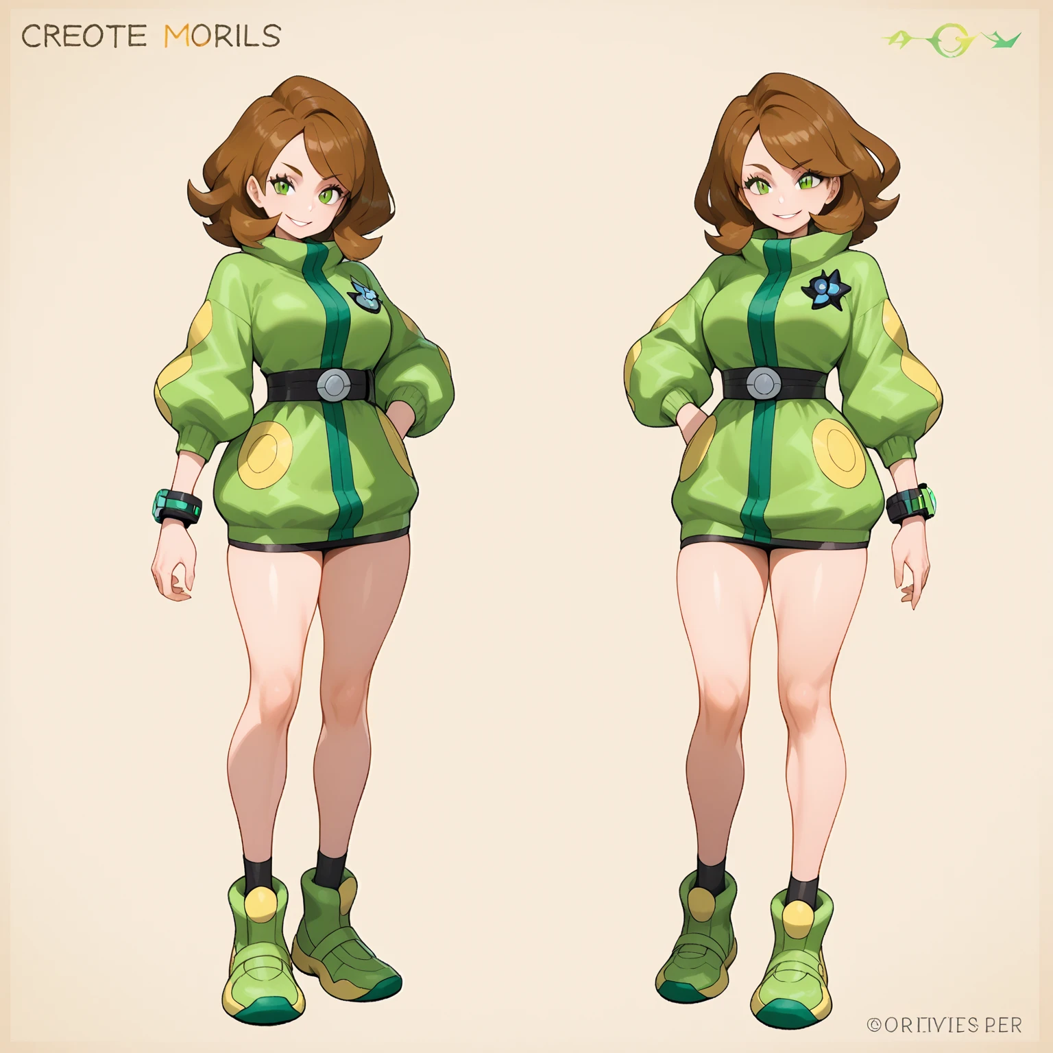 tailored, Sportswear pants, Vintage brooch, The silver chain is fitted with a magnifying glass pendant, Black leather shoes, Brown skin,Middle Age, Silver necklace, Curly hair, character turnaround, Front view, Side view, Back view class、