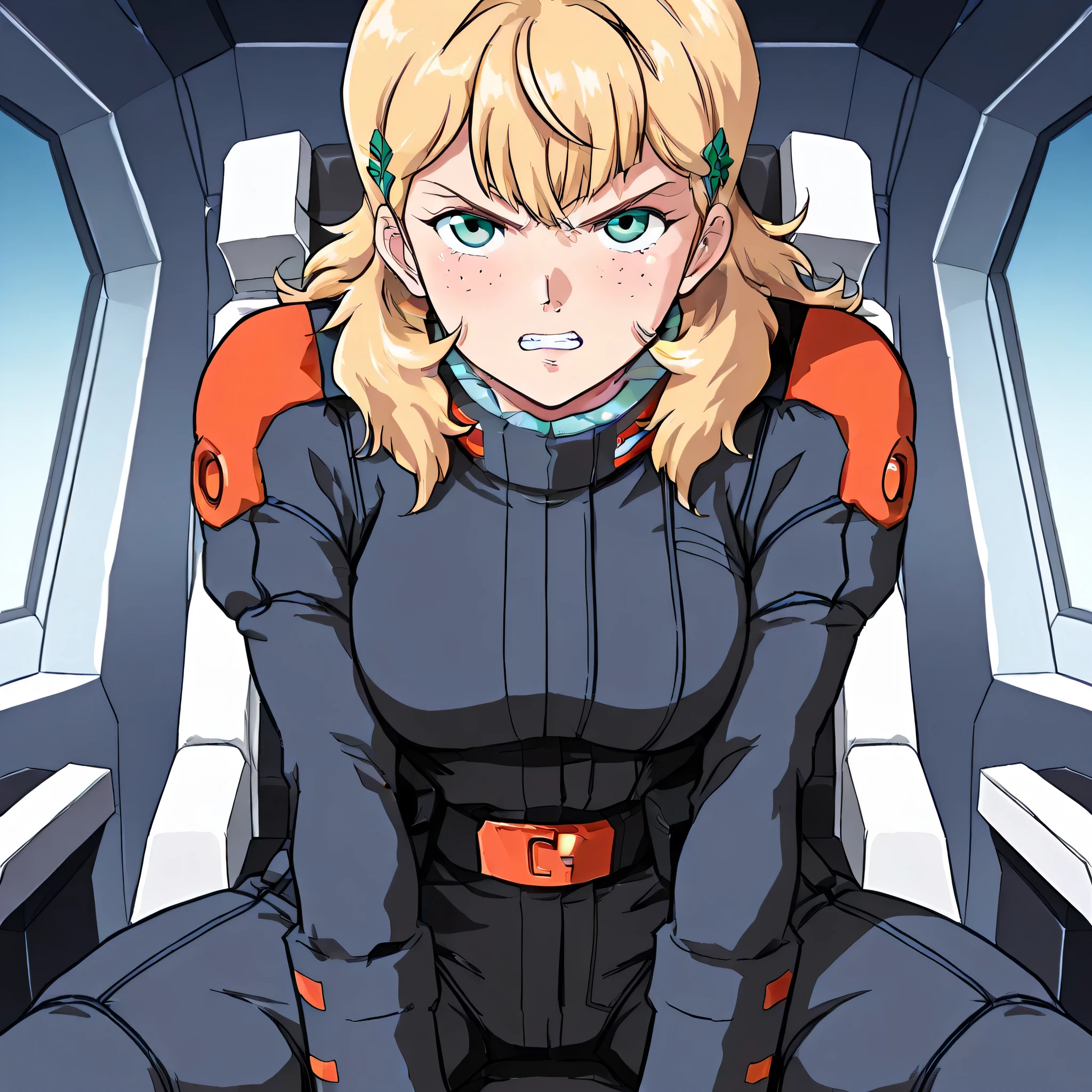 ultra-High resolution, score_9,score_8_up,score_7_up,score_6_up,score_5_up,score_4_up, BREAK, source_anime, anime screencap, uncensored, rating_explicit, Masterpiece, curvy, dark persona, looking at viewer, Fighting Stance, (((solo, 1girl))), hair ornament, (((zabiarov, pilotsuit, black pilotsuit, pilot gloves, pilotshoes))), ZetaGBTT, seductive pose, submissive pose, large breast, kay nimrod, freckles, green eyes, blonde hair, long hair, cap, mecha pilot suit, utility belt, cowboy shot, straight-on, cockpit, leaning forward, serious expression, clenched teeth, sitting,
