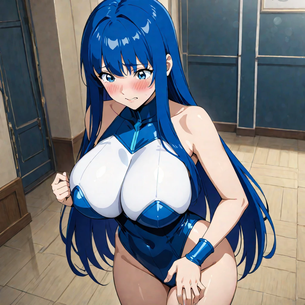 (From knees to head),Sitting with legs crossed,Bend your knees,Tempting,((Images featuring only one woman)),(Sweating),( Blushing),((No bow tie around the neck))Highest quality, High resolution, nsfw ,unity 8k wallpaper, (figure:0.8), (Beautiful attention to detail:1.6), Highly detailed face, Perfect lighting, Highly detailed CG, (Perfect hands, Perfect Anatomy),(5Finger),(Glare),Taimanin, Hachizu Purple, (Red eyes),Slanted Eyes, Blue Hair, White skin, Muscular woman, Long hair down to the waist,break shirt, bow, bowtie, red bow,break ((白色のTaimaninスーツ)), (黒色のTaimaninブーツ) , (Taimaninのガントレット),break indoors, break (masterpiece:1.2),((There is nothing)),Two hands,reaching,The pants are white,(Big Ass)