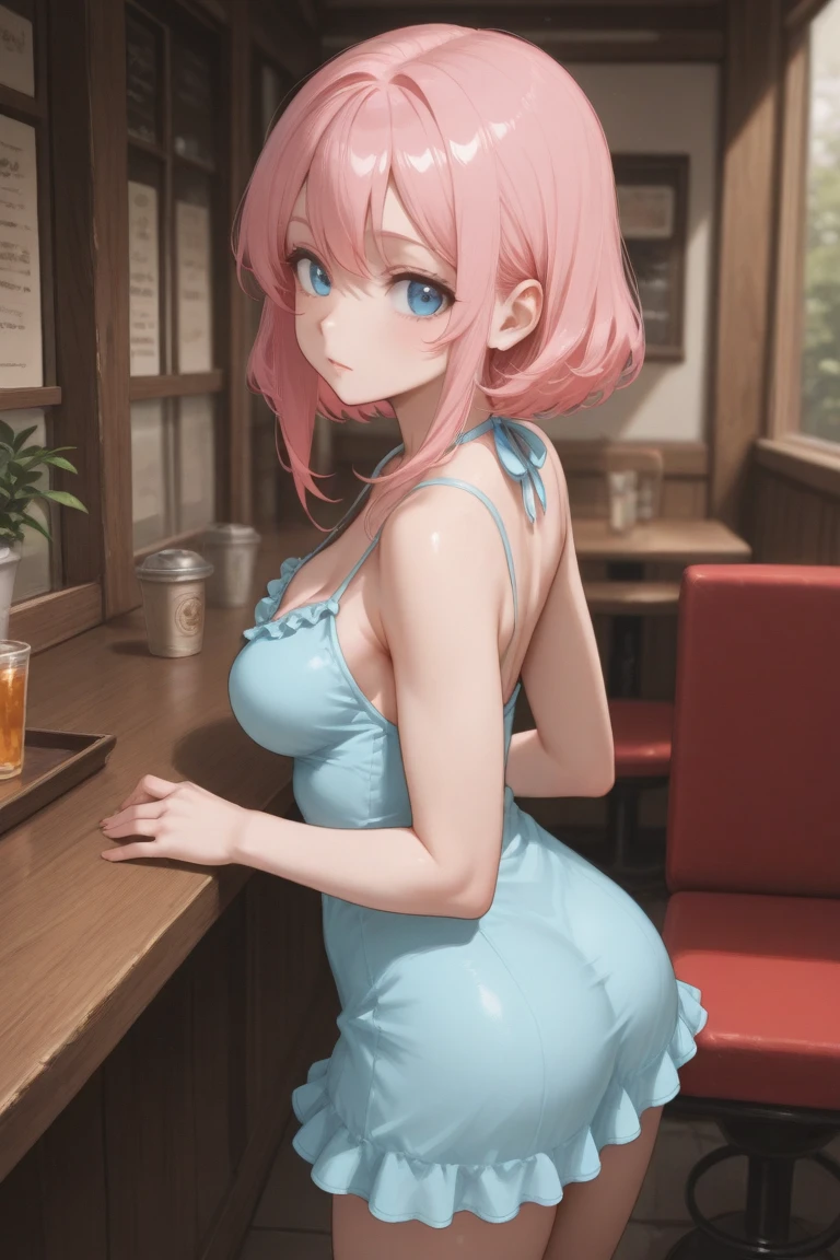 1 Girl, alone, nakano ichika, Pink Short Hair, (naked:1.3), (White apron), big breasts, Cleavage, Thighs, Cafe Background, (Blushing:1.2), smile