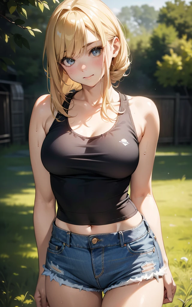 最high quality、Best image quality、masterpiece、woman((18-year-old、Sportswear、Black sports bra、Blue shorts、Best Bust、Bust 85、Blonde、Long Hair、blue eyes、Open your chest wide、valley、happiness、Black wristband on wrist、Slender、smile、耳Nipple Ring、running、The wind is blowing、sweating、Hunchback))high quality、Visual Arts、background((grassland、Grass path))、Tabletop、
