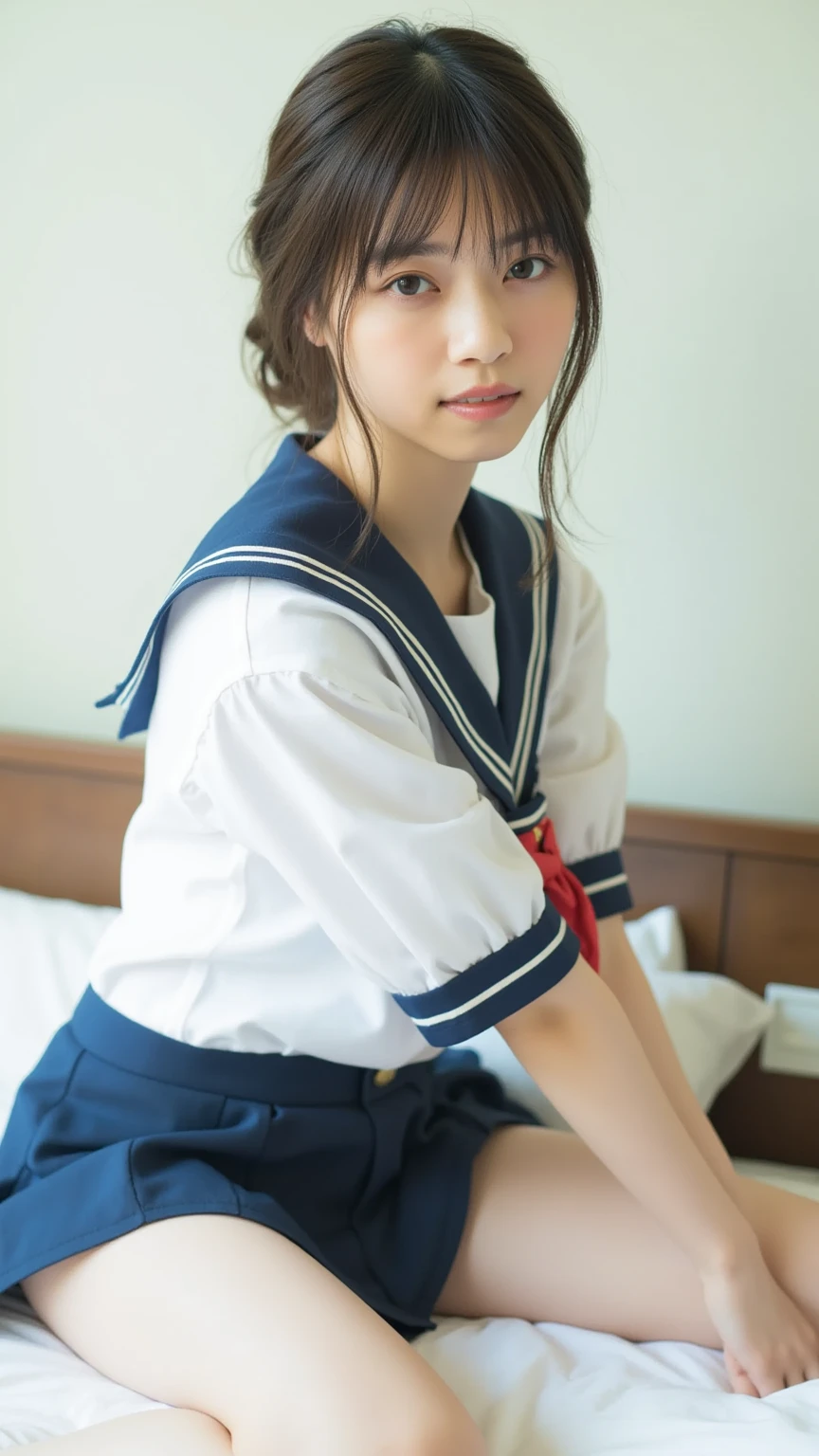 ((Highest quality)), ((Photo quality)), (detailed), Perfect Face,,Upper Body,Thin arms,White skin,bed,Japanese Uniform,Short sleeve,Sailor suit