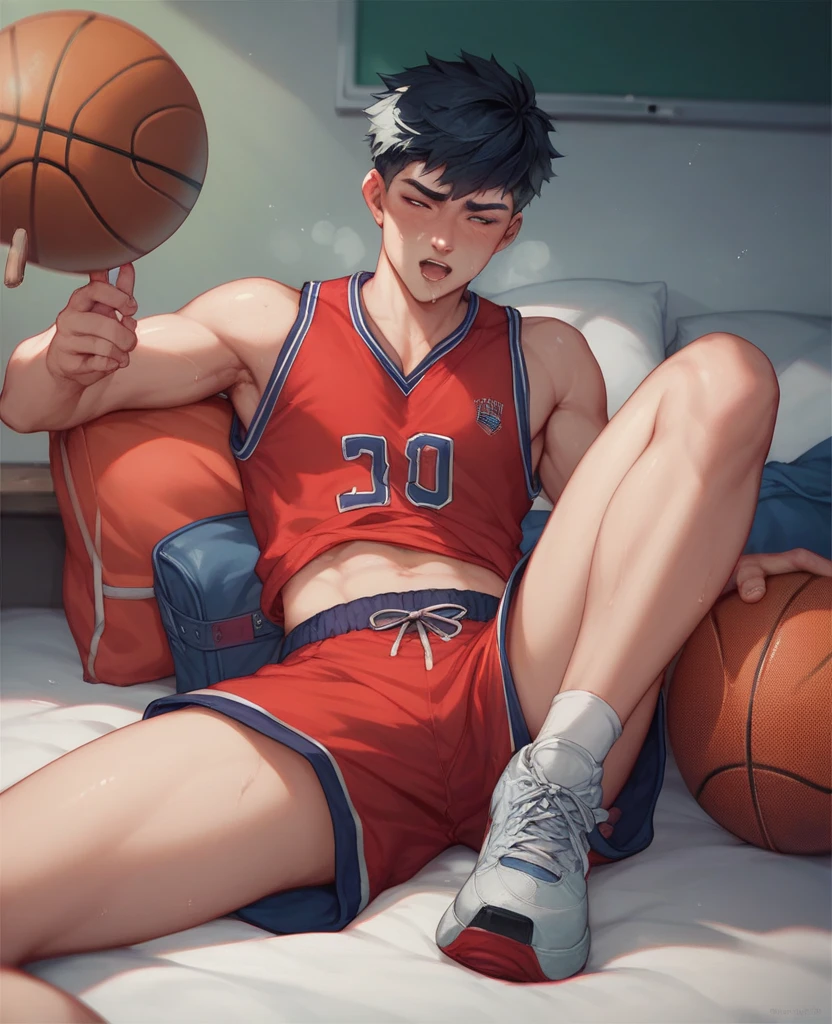 Libido boy，Tong，large pecs，Big bag，Wear white basketball socks，Half recumbent，CG sense，POV perspective，spread their legs，Dark atmosphere，8K,Cinematic lighting effects，Textured skin，best qualtiy，Storytelling images，Storytelling images，dynamic blur，actionpose，sweat leggs，超高分辨率