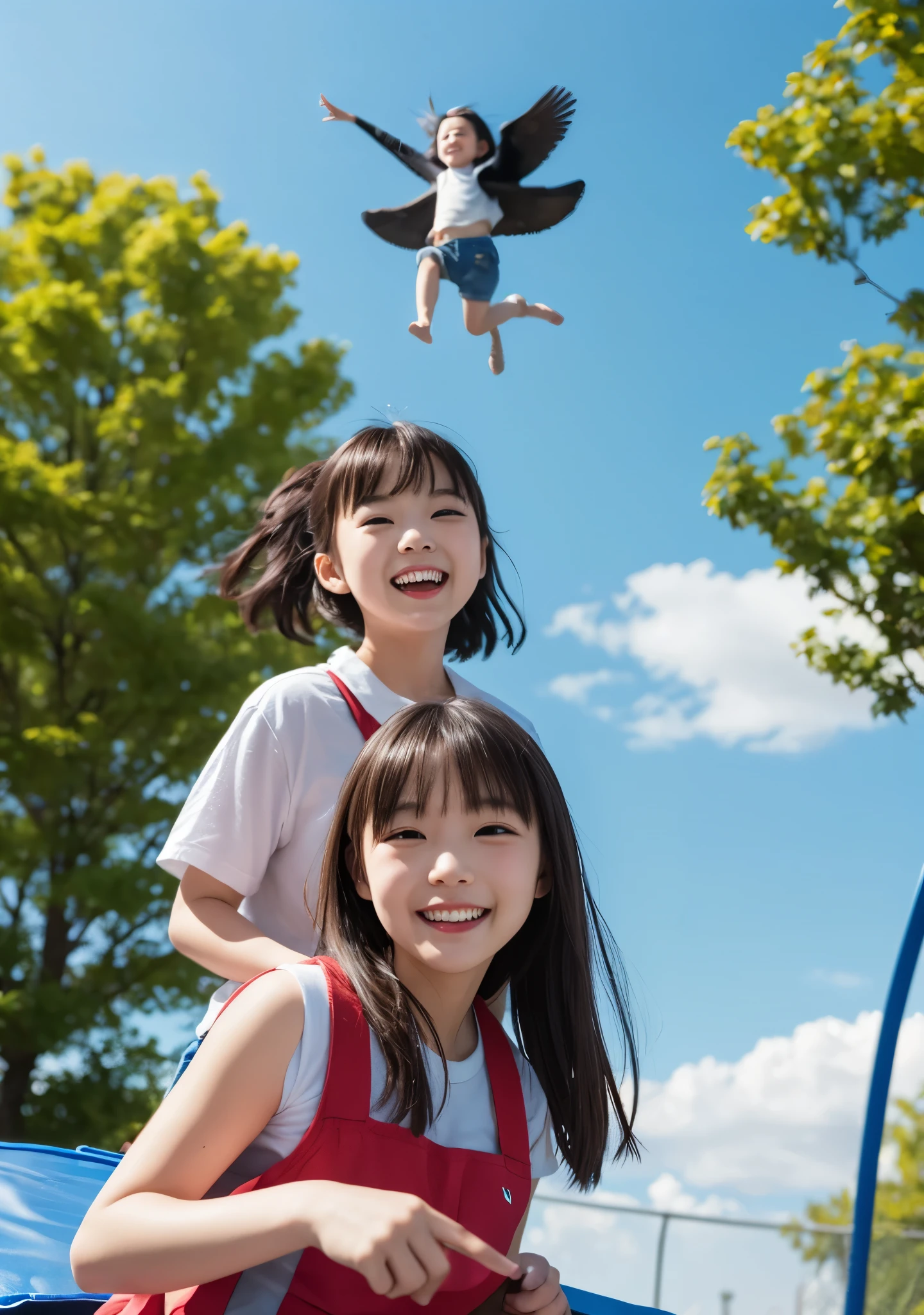 8K、Elementary school beautiful girl、A sparkling smile、Arms raised to show armpits、A darK-haired、detailed beautiful faces、Plain white gym clothes、Very short navy blue bloomers, Sunflower field、Very strong wind、Decolletage、Sit on the buttocks