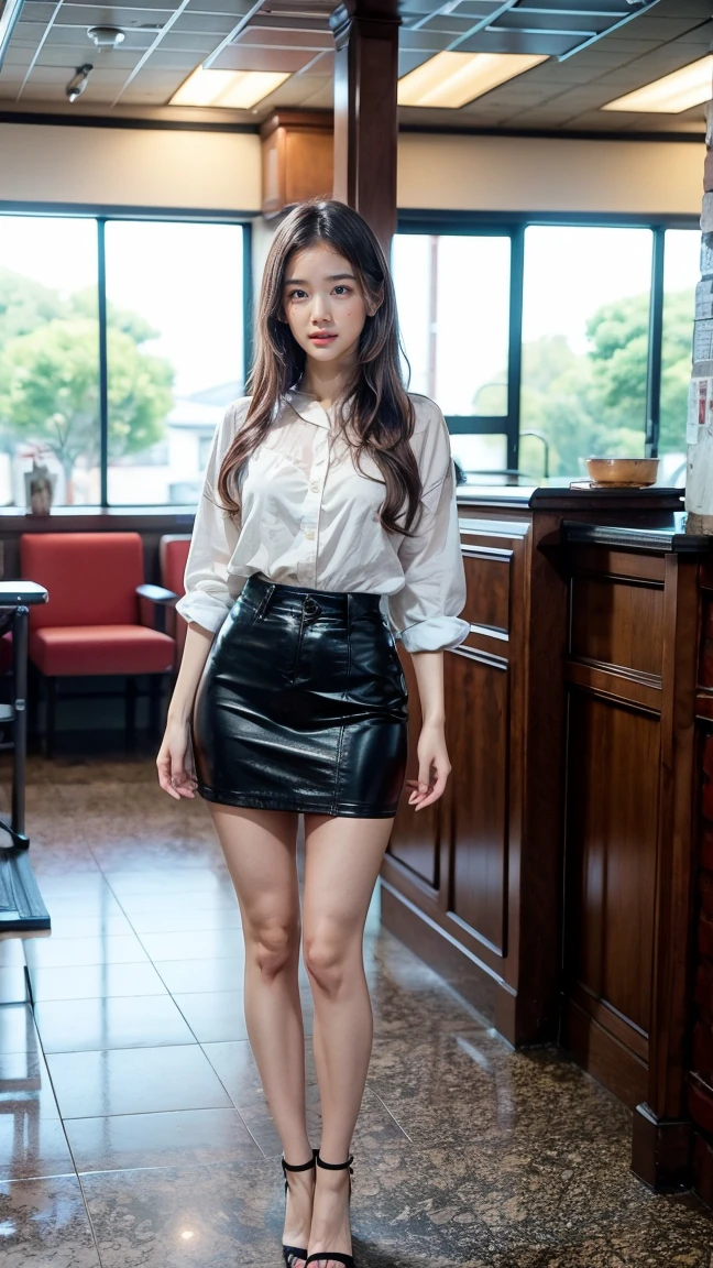 (masterpiece:1.3), (8K, Photorealsitic, Raw photography, top-quality: 1.4), (1girl in), A pretty woman with perfect figure:1.4, cute face, beautiful countenance, (Lifelike face), Beautiful hairstyle, realisticeyes, beautiful detail, (real looking skin), Beautiful skins, enticing, The ultra -The high-definition, A hyper-realistic, ighly detailed, (small tits:1.3), (cleavage of the breast:0.8)、White button-up shirt、a belt、Black leather tight skirt、Like Emily O'Hara Ratajkowski Japan, Semi-long curly hair、bangss、(Brown hair、small tits1.3)、(slim figure))、Kojiri、(small and beatiful model pose、is standing、boots、(Modern architecture in background)、