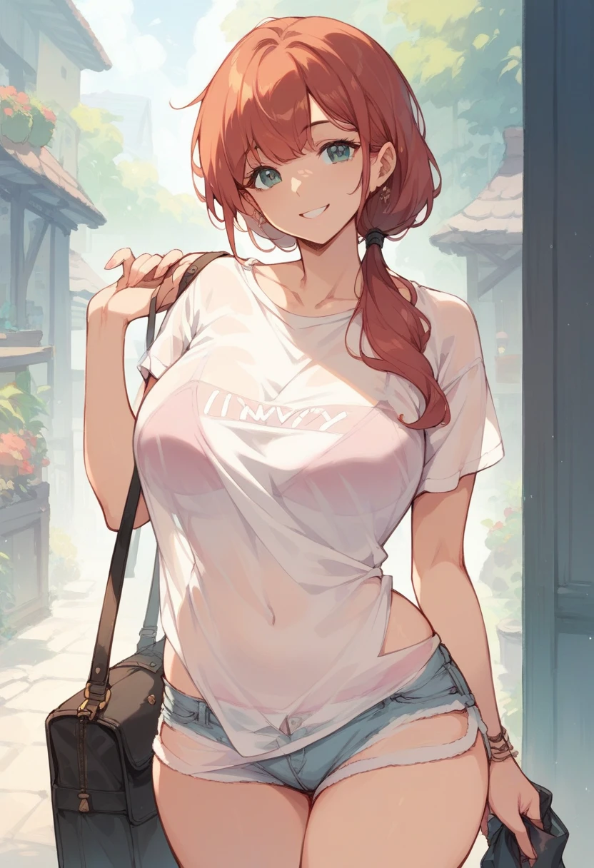 2d, masterpiece, best quality, anime, highly detailed, 1girl, solo, cowboy shot, nakano nino, pink hair, butterfly hair ornament, crop top , cleavage, Denim shorts , medium breasts, standing, school, outdoors, smile
