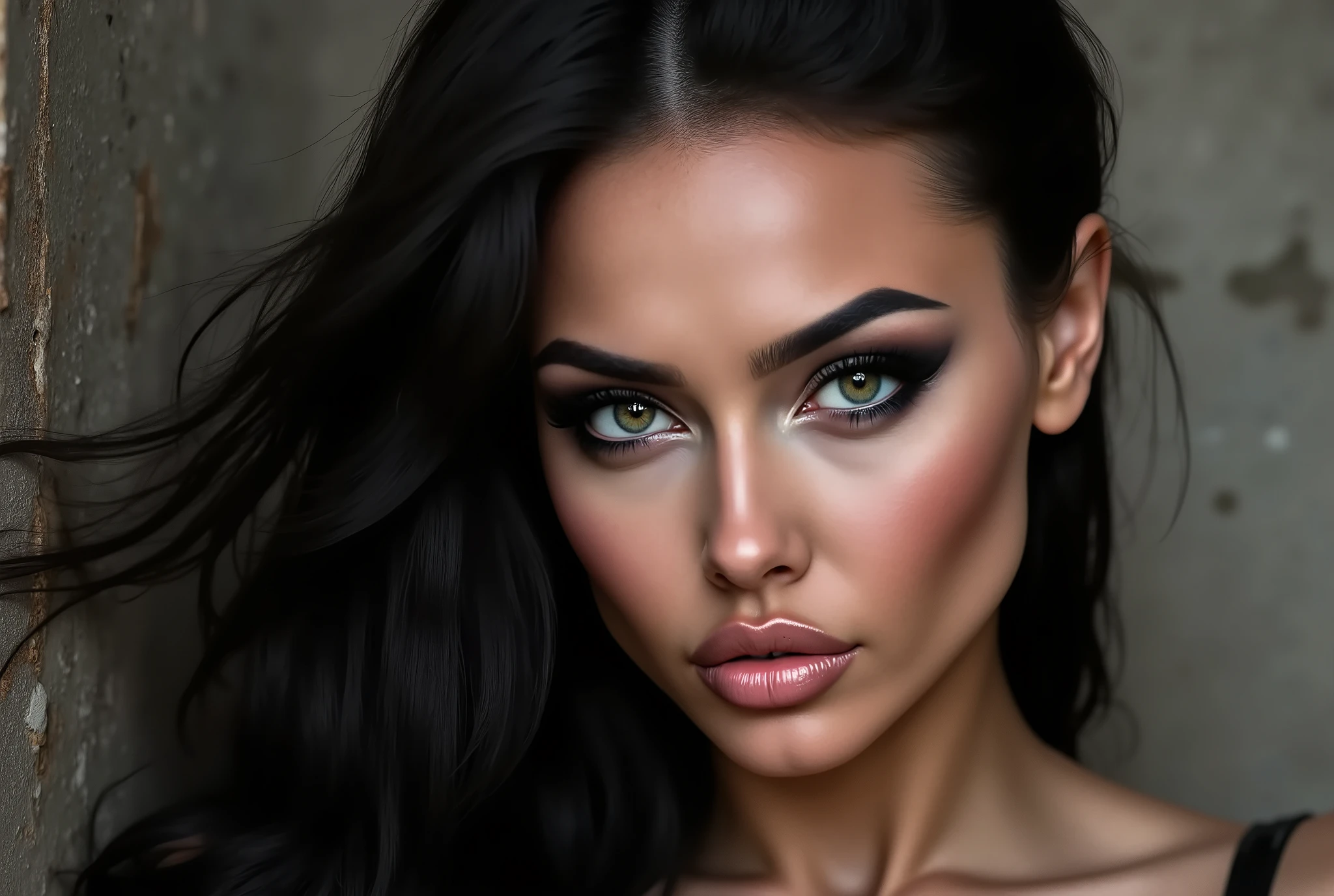 close up image of woman looking directly and intensely into the camera, her head slightly tilted down, intimidating, mischievous little smirk, piercing eyes, concrete background