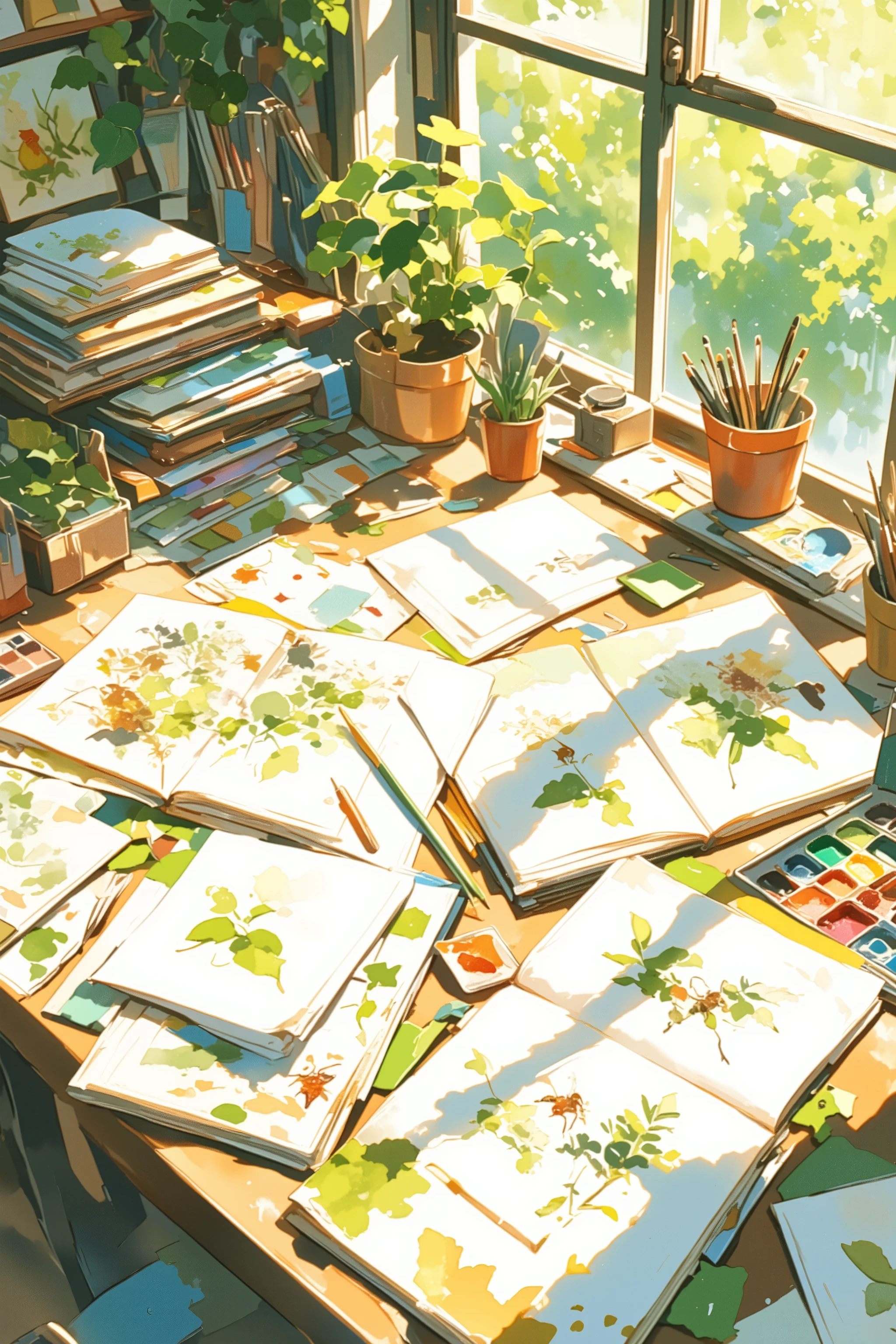 A table filled with open sketchbooks, colored pencils, watercolor palettes, and hand-drawn nature studies like leaves and bugs, sunlight streaming in through a nearby window, illustrated in a picture book style with thick lineart, soft watercolor textures, gentle color bleeding, and a warm paper texture, calm and heartwarming atmosphere, illustration style