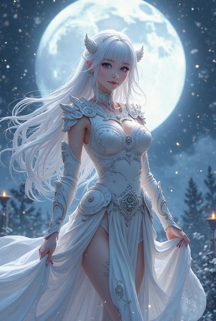 female, the body, sun light, shaved open pubis, haircut white hairs, a lot of snowflakes, in the snow ice crystalls, super detailed, anatomically correct, masterpiece composition, accurate drawing, face perfect cute woman sweet beautifull, wearing white fur cloak, thick white vapor fog smoke clouds wind, white skin, bright pink blush, blizzard snowstorm, front view, fullbody, snowflakes crown, wearing crystal white transparent