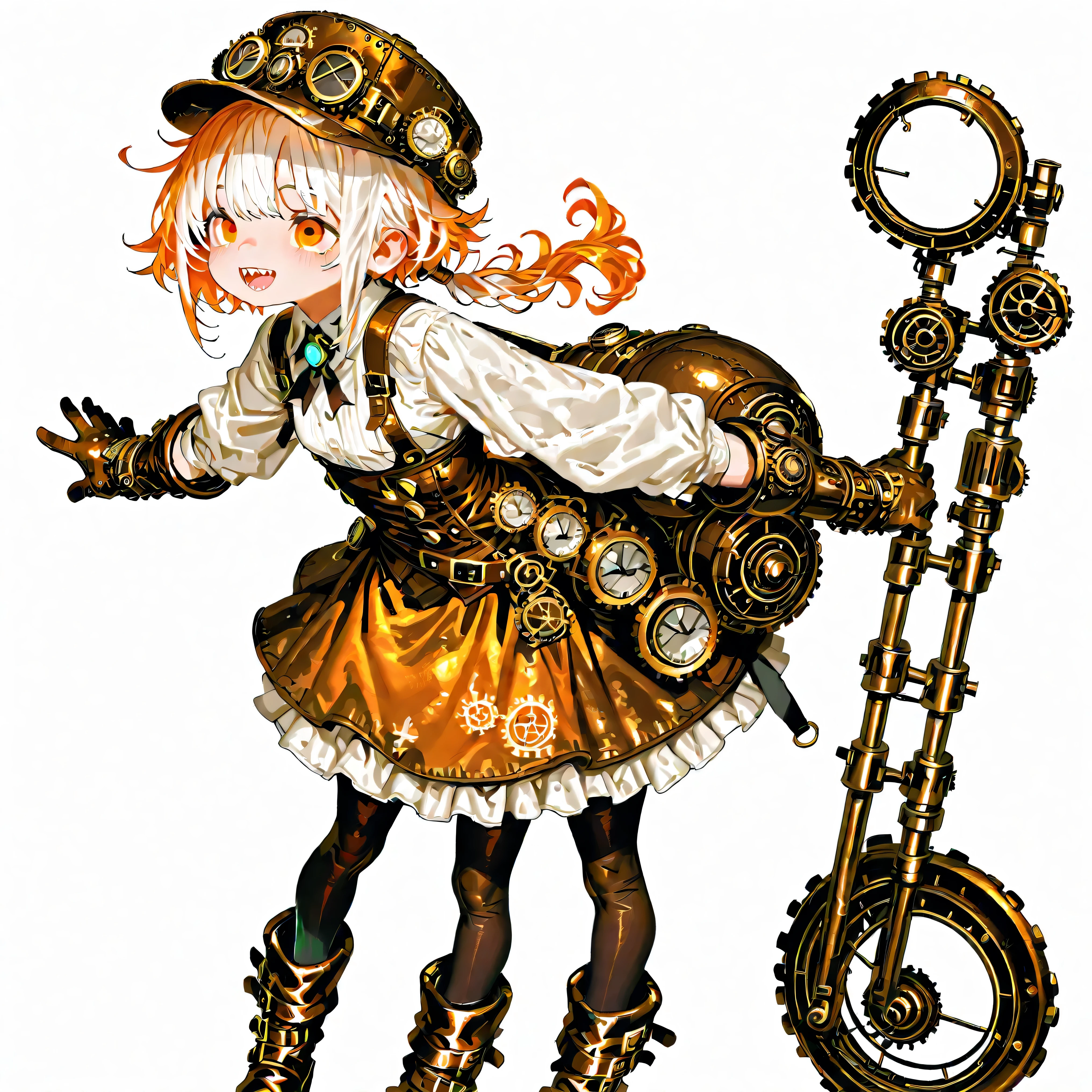 high resolution、High Quality、Shortcuts, low ponytail 、 white hair、orange hair、 stupid hair、Black Pantyhose 、boyish steampunk clothes、double teeth、solo、lumpy platform boots、 asymmetric hair 、 simple eyes 、white background、standing、{{{really big rough steampunk gloves}}}、hat、
