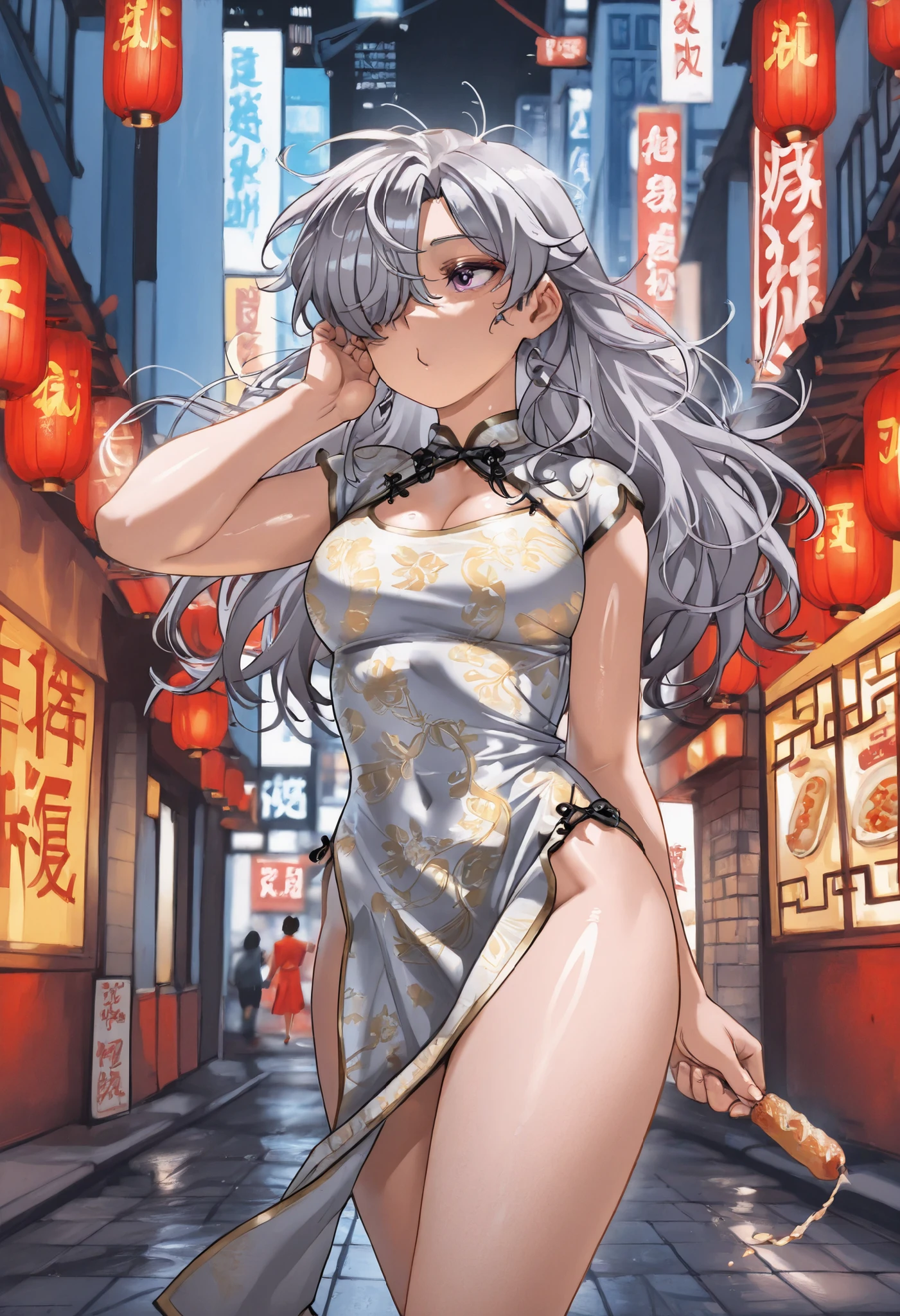 8k、 masterpiece、最High Quality、Highest Level、ultimate image quality、complicated details、high resolution、 depth field、natural light、Professional Lighting、(1 girl), (DYNAMIC POSE:1.3)、Animated works, fight scene, The blathead, (Food stalls :1.3), (Xihua Street, Big city background), Very Beautiful Cartoon Girl、white china dress, (natural breasts), (perfect anatomy), beautiful purple eyes、thick eyes, Shiny Silver Hair, long hair, toe hair, twin tail, hair covering one eye, messy hair, Xihua Street, Food stalls , (accurate and detailed china dresses:1.3), (natural light:1.3)、最High Quality、masterpiece、Official Art、High Quality、high resolution、epic scene, very detailed、Thorough、超high resolution、8k, Professional Quality、perfect lighting、anatomically accurate、
