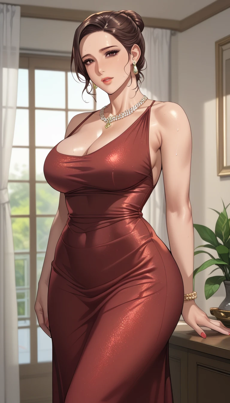 short red dress, undercut platinum bobcut blonde hair, small breasts, fit, muscular, short hair, mercenary, boob window, cleavage, full body shot, minidress,