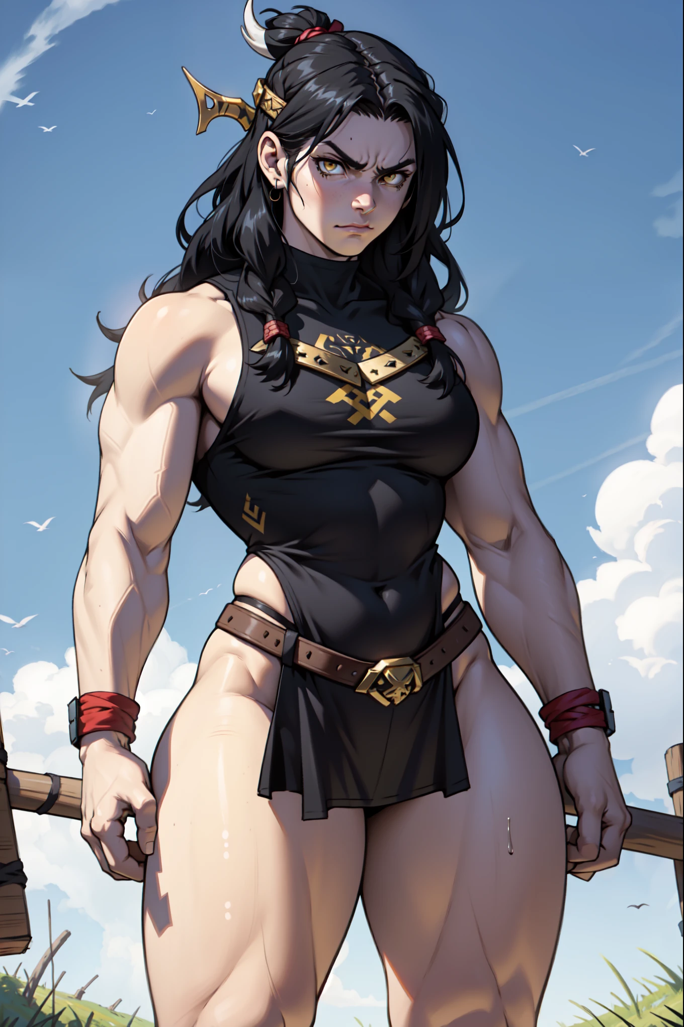 girl ???????????? bodybuilder muscular toned body pale skin black hair very long hair yellow eyes angry blushing embarrassed thick thighs string ??????