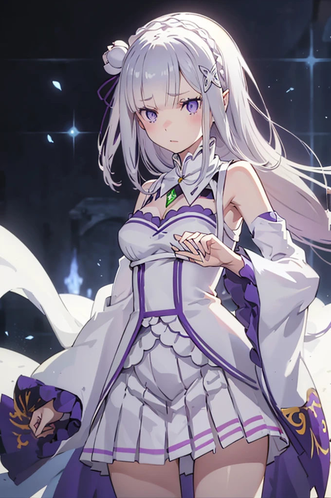 emilia, 
Rezero emilia, 
1girl, 
best illustration, masterpiece, best quality, (anime screencap:0.8), (official art:0.7), detailed beautiful face and eyes, nice hands, perfect hands, BREAK long hair, low-tied long hair, braid, crown braid, animate, 
white hair, 
(purple eyes:1.2), (beautiful detailed eyes:1.6),
looking at viewer, 
pointy ears,
BREAK smile, 
dress, pink dress, BREAK bare shoulders, detached collar, long sleeves, shoulder cutout, wide sleeves, white sleeves, 
medium breasts, 
zettai ryouiki, 
flower, hair flower, hair ornament, hair ribbon,   white flower, x hair ornament,
cowboy shot ,
perfect lighting,
background of indoor, 