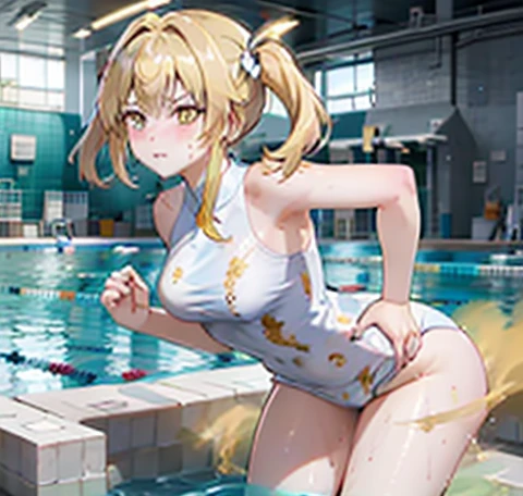 ((highest quality)), (masterpiece)), (detailed: 1.4), Unorganized resolution、High resolution、(masterpiece:1.4)、超detailed、one beautiful girl、highest quality、master piece、非常にdetailed、(1 girl):1.4、(Futuristic competitive swimsuit)、(Golden hair):1.3、twin tails、ショートtwin tails、(dark blue eyes):1.1,(Near the future)、indoor pool background