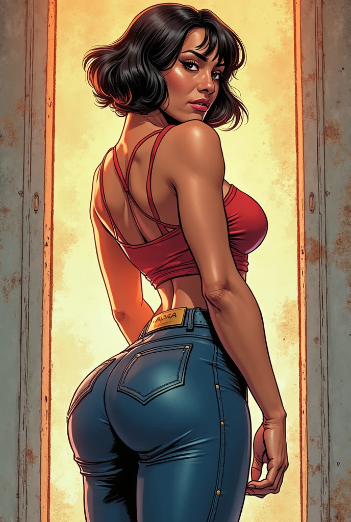 ((((masterpiece, best quality)))), ((33 year old)), (((Curvy))), ((Latina with long black hair)), in ((white bra)), ((white fullback panties)), ((Red lipstick)), ((Standing in a bathroom)), (back facing the camera), ((((realistic art style, 50's pinup art))))