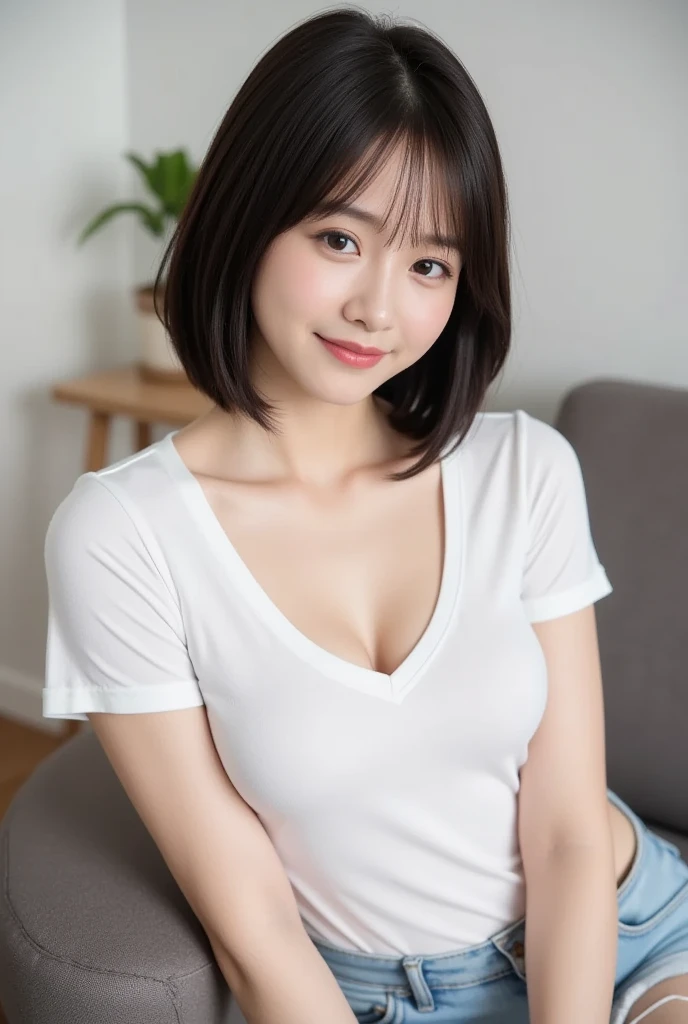 One Girl, short hair,Black Hair,smile,Inside the room, summer,bed,Sit down,T-Shirts,skirt,5th grade elementary school,Small cleavage,Look at this,transparent, (masterpiece, Highest quality), Soft Light, Structure of the film, Information like a movie