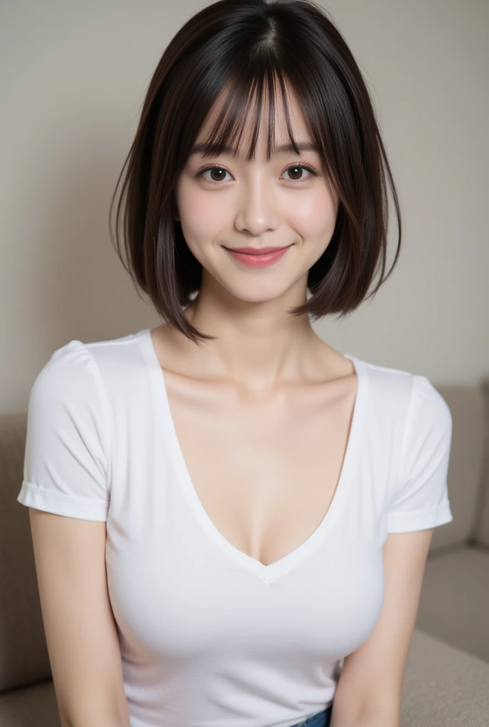 (the abdomen is visible to the viewer), ars japanese girl、cute smile at the viewer, (arms at sides:1.2), standing straight, Short-cut hairstyles 、、summer School Building、Skinny Legs、Extraordinary beauty、Cute face、The best smile、Cute smile、frontage、slender、Schools、 (Raw foto:1.2), (Photorealsitic:1.4), a beautiful detailed girl, extremely detailed eye and face, beatiful detailed eyes, huge filesize, hight resolution, ighly detailed, top-quality, masterpiece, ((Japanese girls' high school uniform:0.0)), ighly detailed, nffsw, 8k wallpaper, magnifica, finely detail, top-quality, (Highly detailed ticker short sleeves uniform:0.0)、 Light on the Face、light、tank top , crop top, cute yellow bra, (photo from the waist up:1.42),