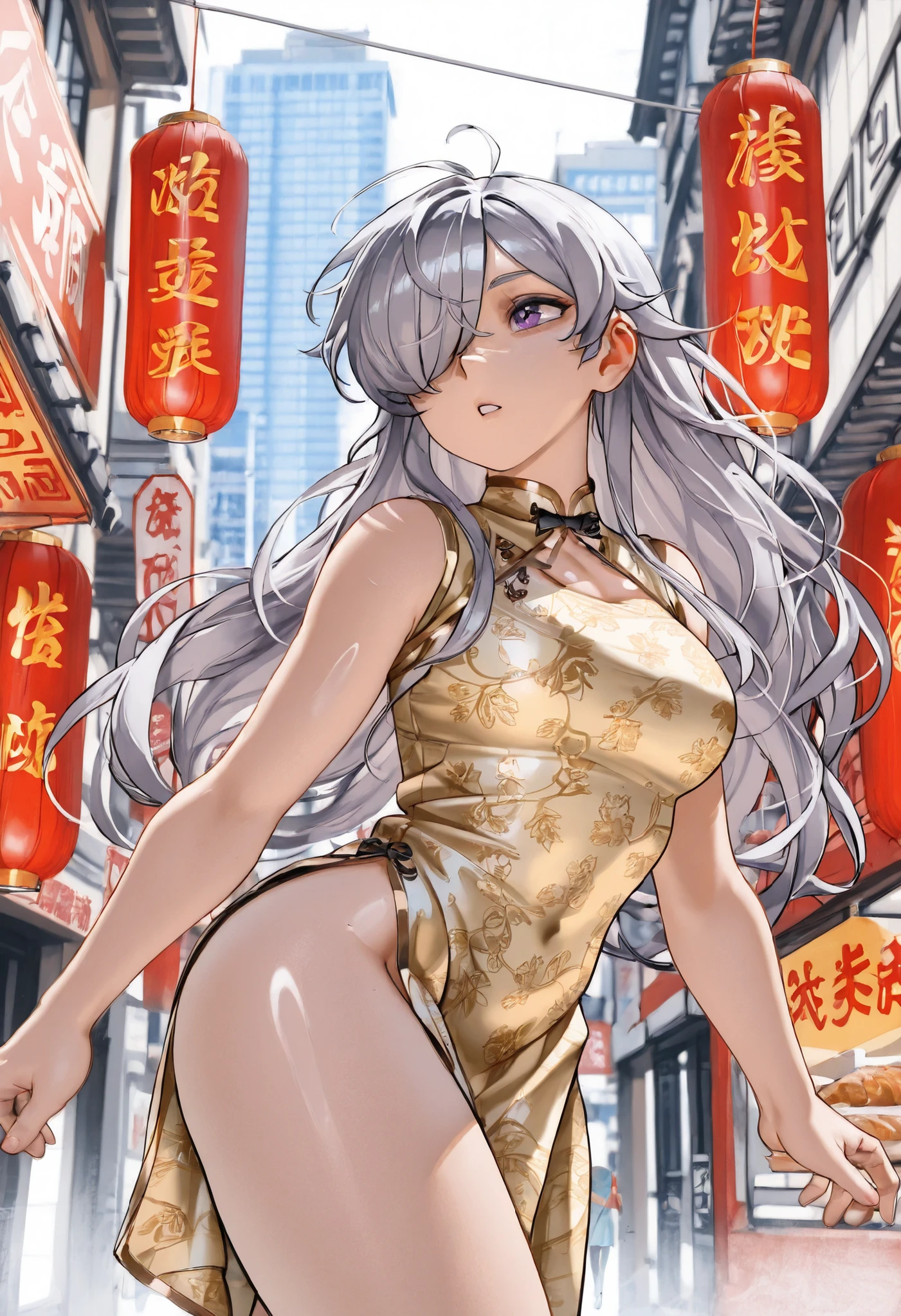 8k、 masterpiece、最High Quality、Highest Level、ultimate image quality、complicated details、high resolution、 depth field、natural light、Professional Lighting、(1 girl), (DYNAMIC POSE:1.3)、Animated works, fight scene, The blathead, (Food stalls :1.3), (Xihua Street, Big city background), Very Beautiful Cartoon Girl、white china dress, (Big, beautifully shaped breasts)、(perfect anatomy), beautiful purple eyes、thick eyes, Shiny Silver Hair, long hair, toe hair, twin tail, hair covering one eye, messy hair, Xihua Street, (natural light:1.3)、(accurate and detailed china dresses:1.3), (natural light:1.3)、最High Quality、masterpiece、Official Art、High Quality、high resolution、epic scene, very detailed、Thorough、超high resolution、8k, Professional Quality、perfect lighting、anatomically accurate、