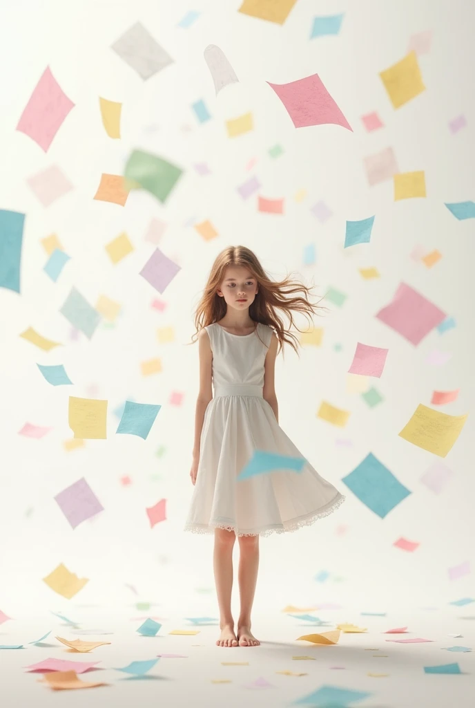 BLONDE CHILD girl 10 YEARS OLD, with a black bow and a black dress, There are many different colored vinyl records stacked on top of each other.